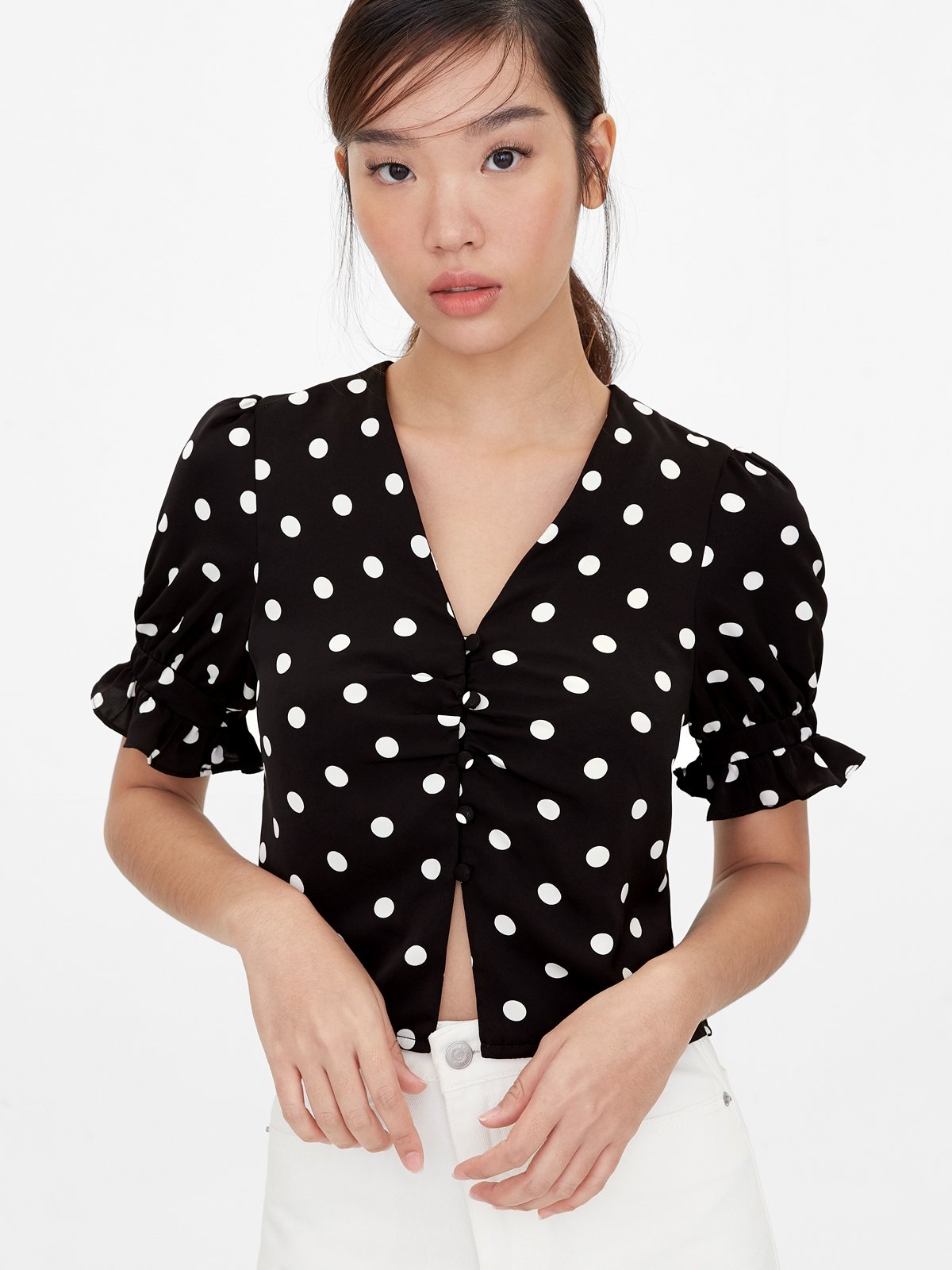 Polka Dot Cropped Blouse Black