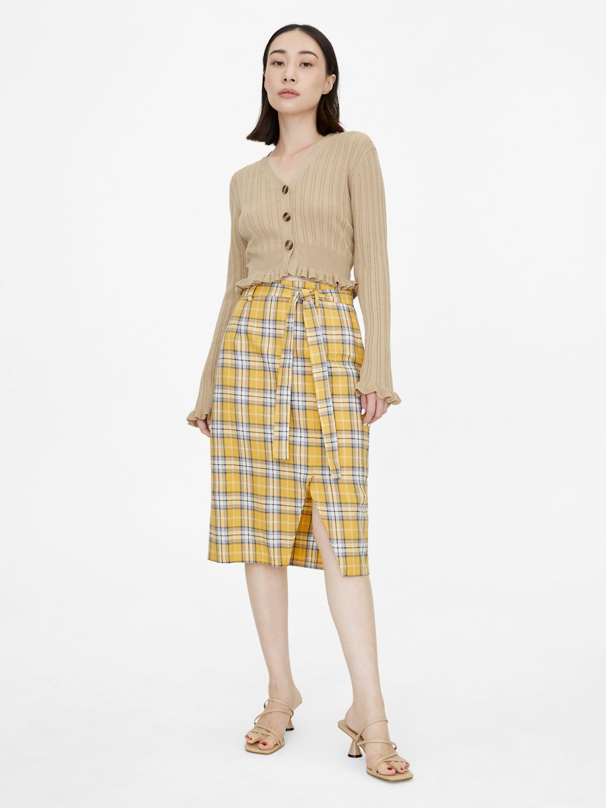 Plaid High Waist Skirt - Yellow - Pomelo Fashion