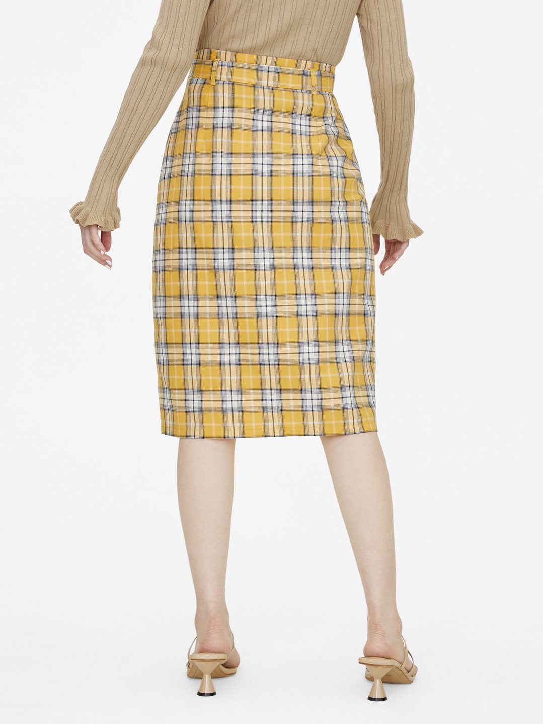 Midi Semi Slit Plaid Skirt - Yellow