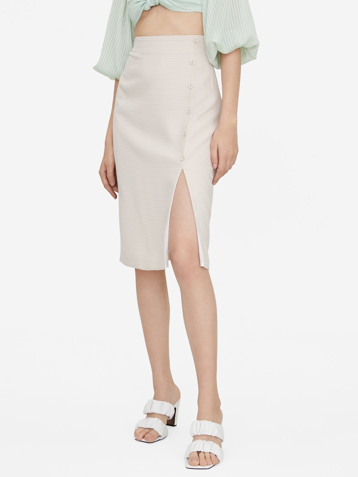 Midi Side Slit Button Up Skirt Yellow Pomelo Fashion