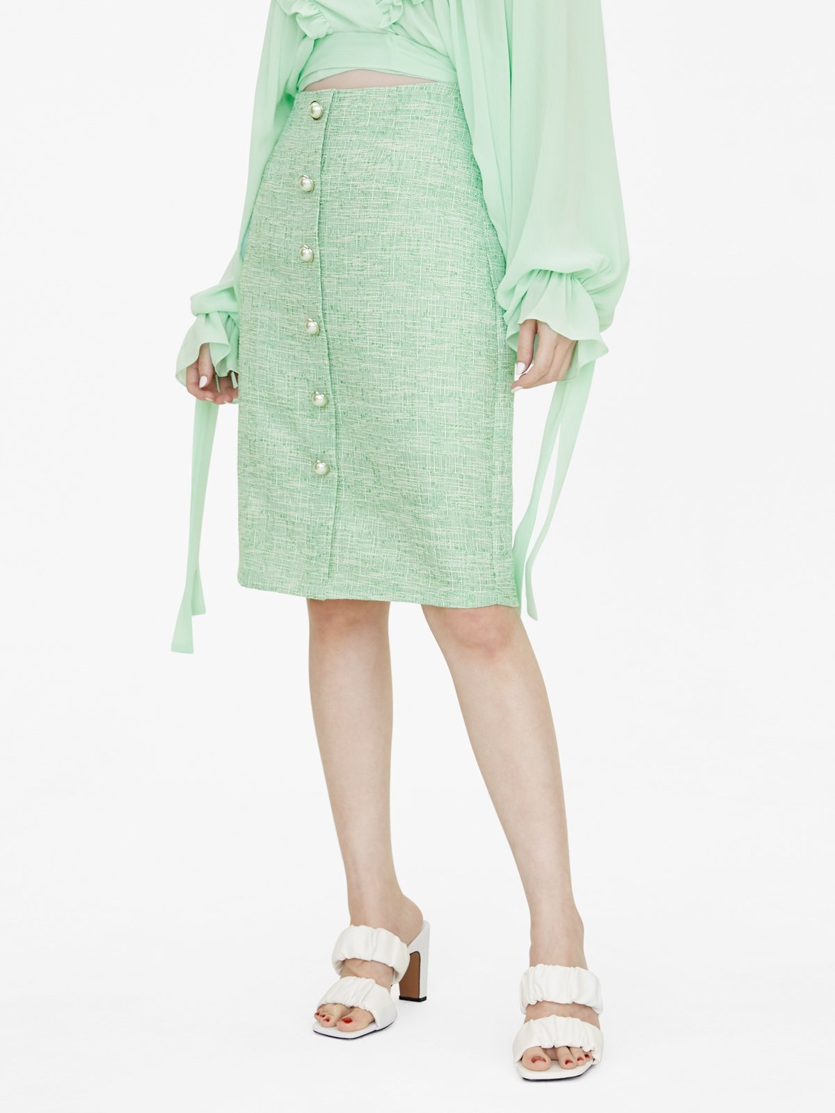 Midi Tweed Pearl Button Up Skirt Green Pomelo Fashion