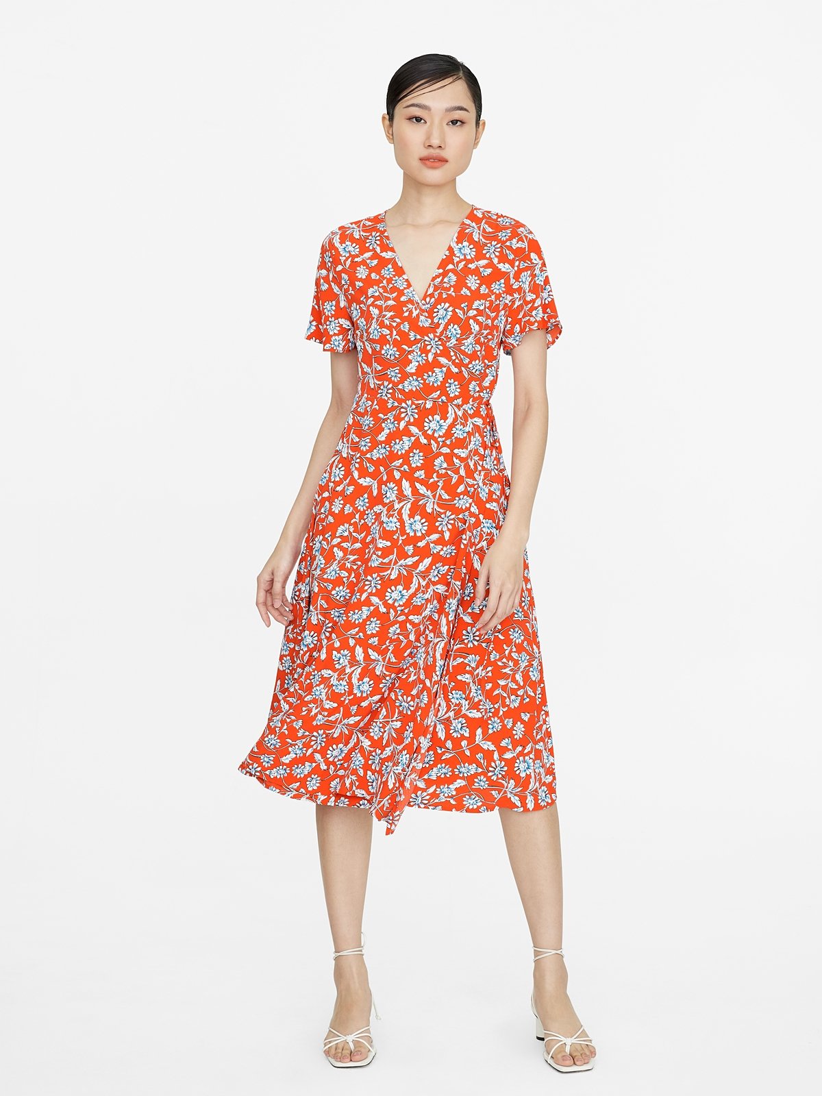 Midi Surplice Floral Dress Orange Pomelo Fashion