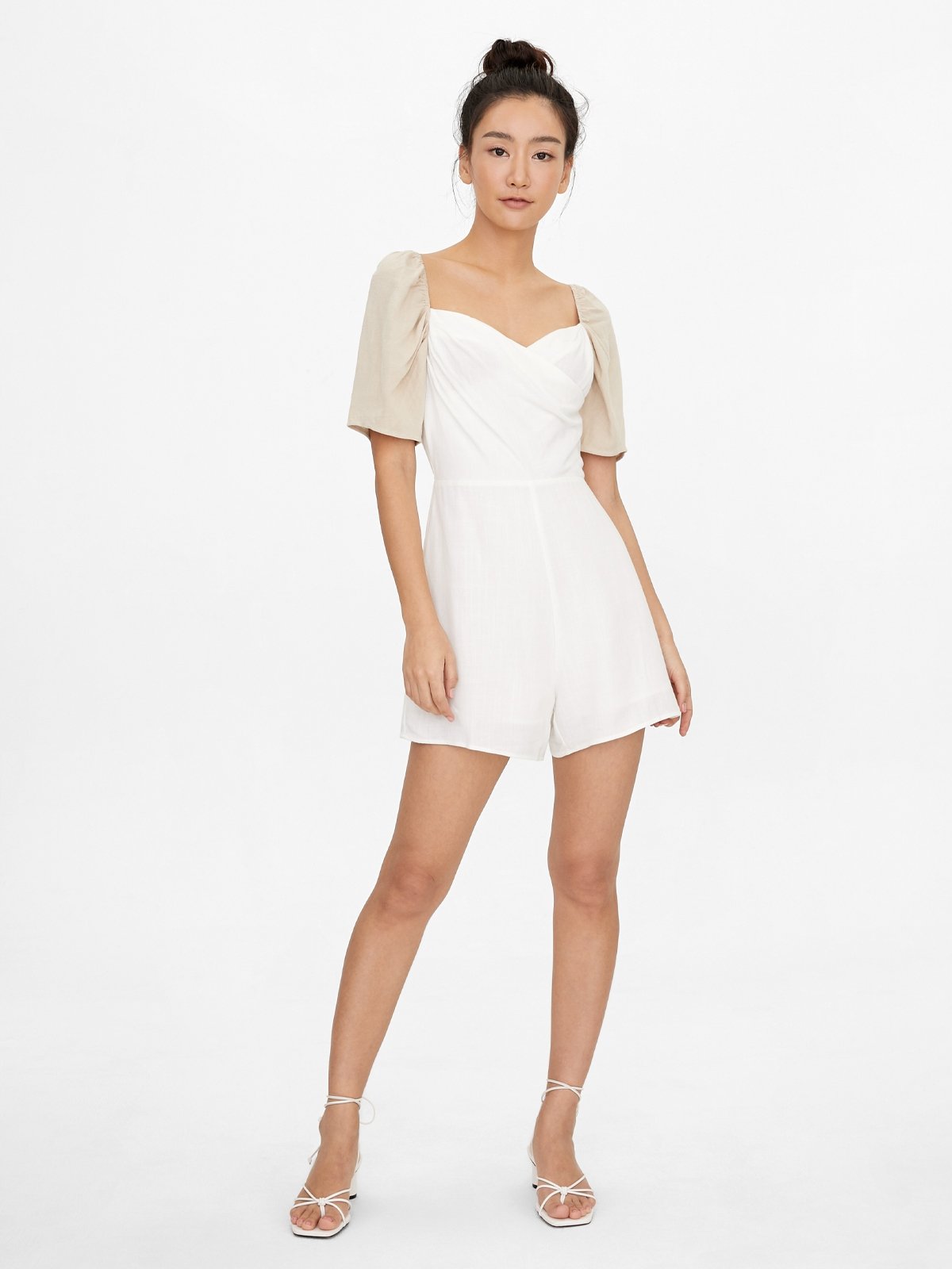 Two Tone Puffed Sleeve Romper White Pomelo Fashion