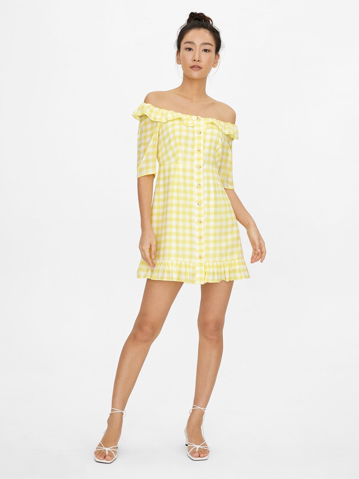 Mini Gingham Ruffled Hemline Dress Yellow