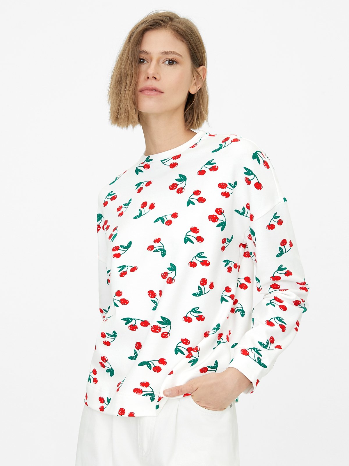 Oversized Cherry Print Sweater White