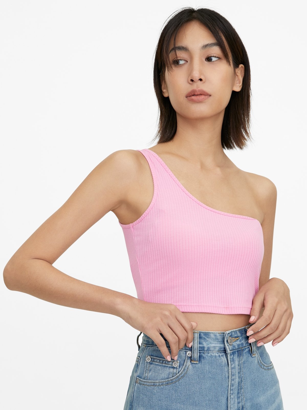 Ribbed One Shoulder Crop Top Pink Pomelo Fashion
