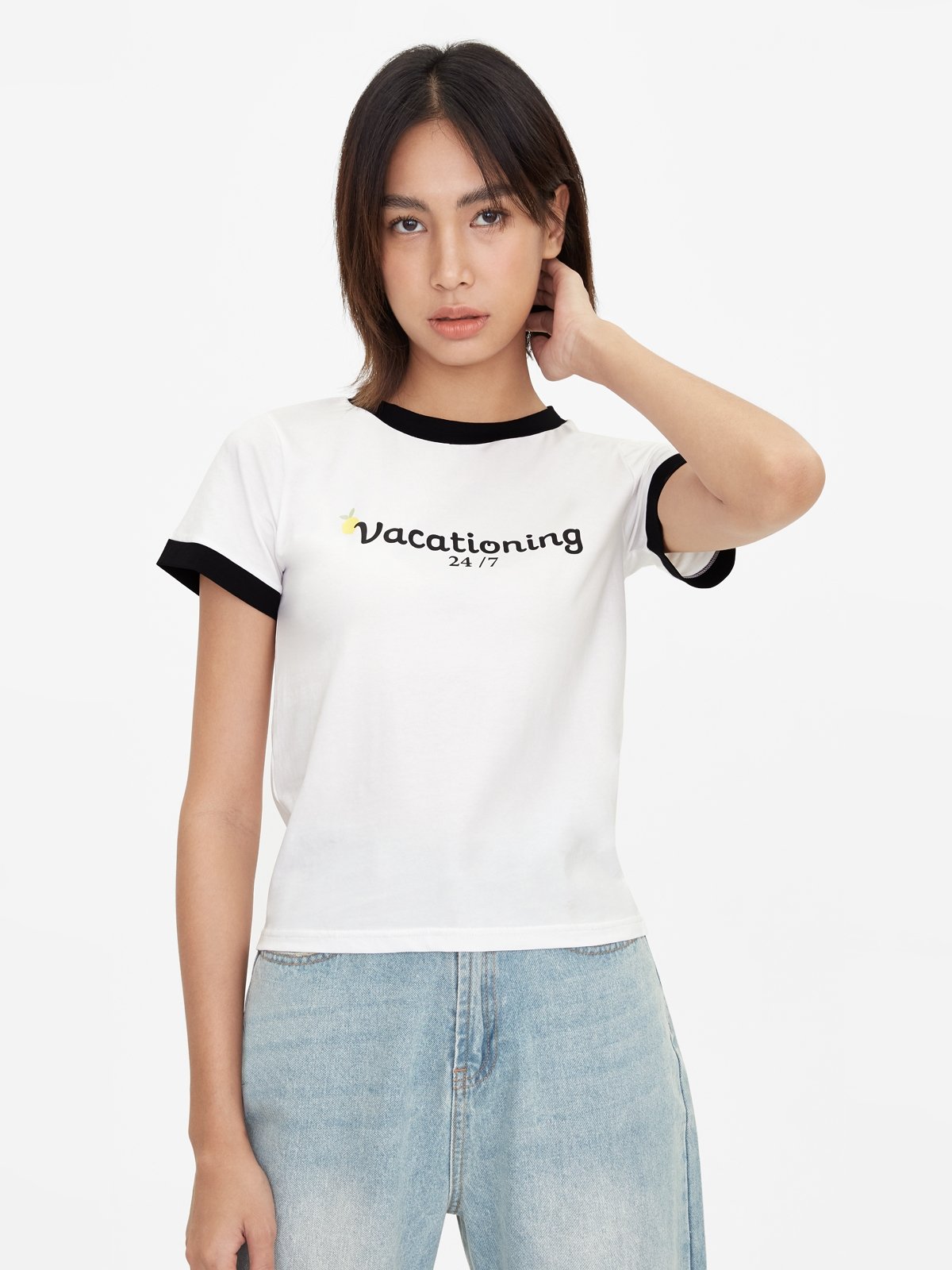 Vacationing 24 7 Ringer Graphic Tee White Pomelo Fashion