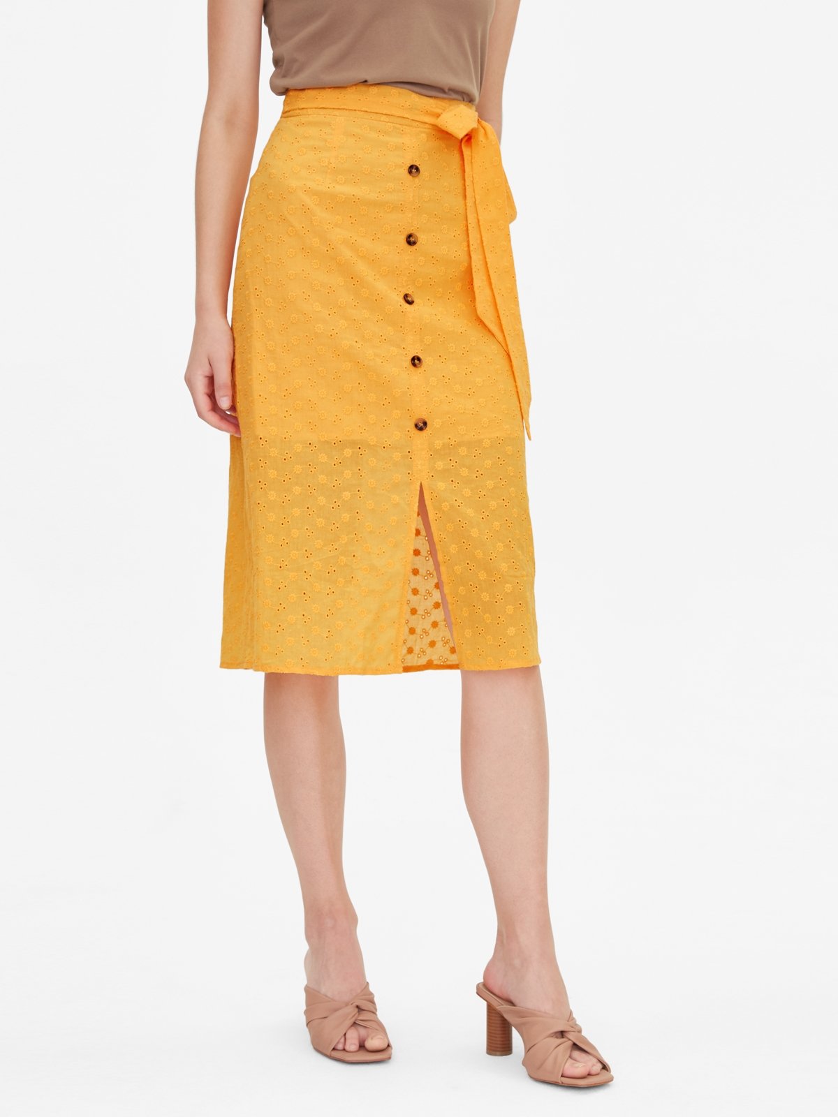 Eyelet Center Slit Skirt Orange Pomelo Fashion