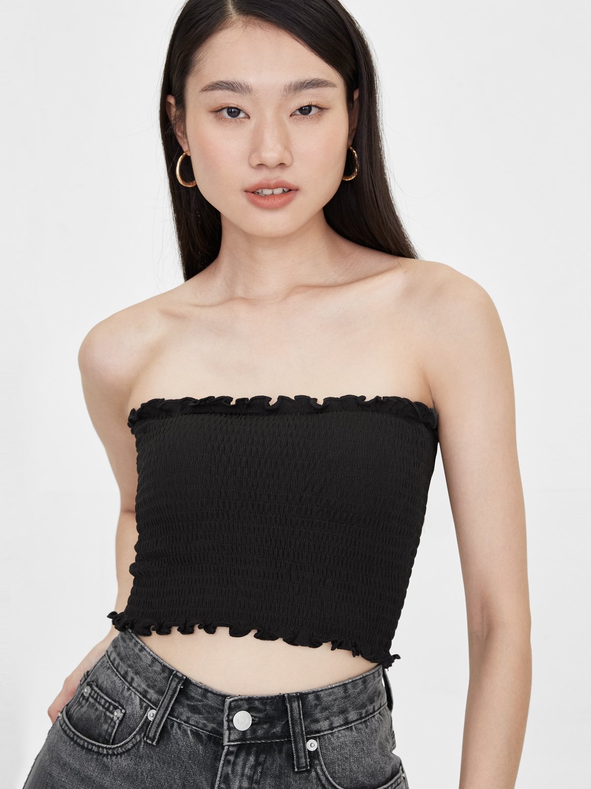 Ruffled Smock Tube Top Black Pomelo Fashion