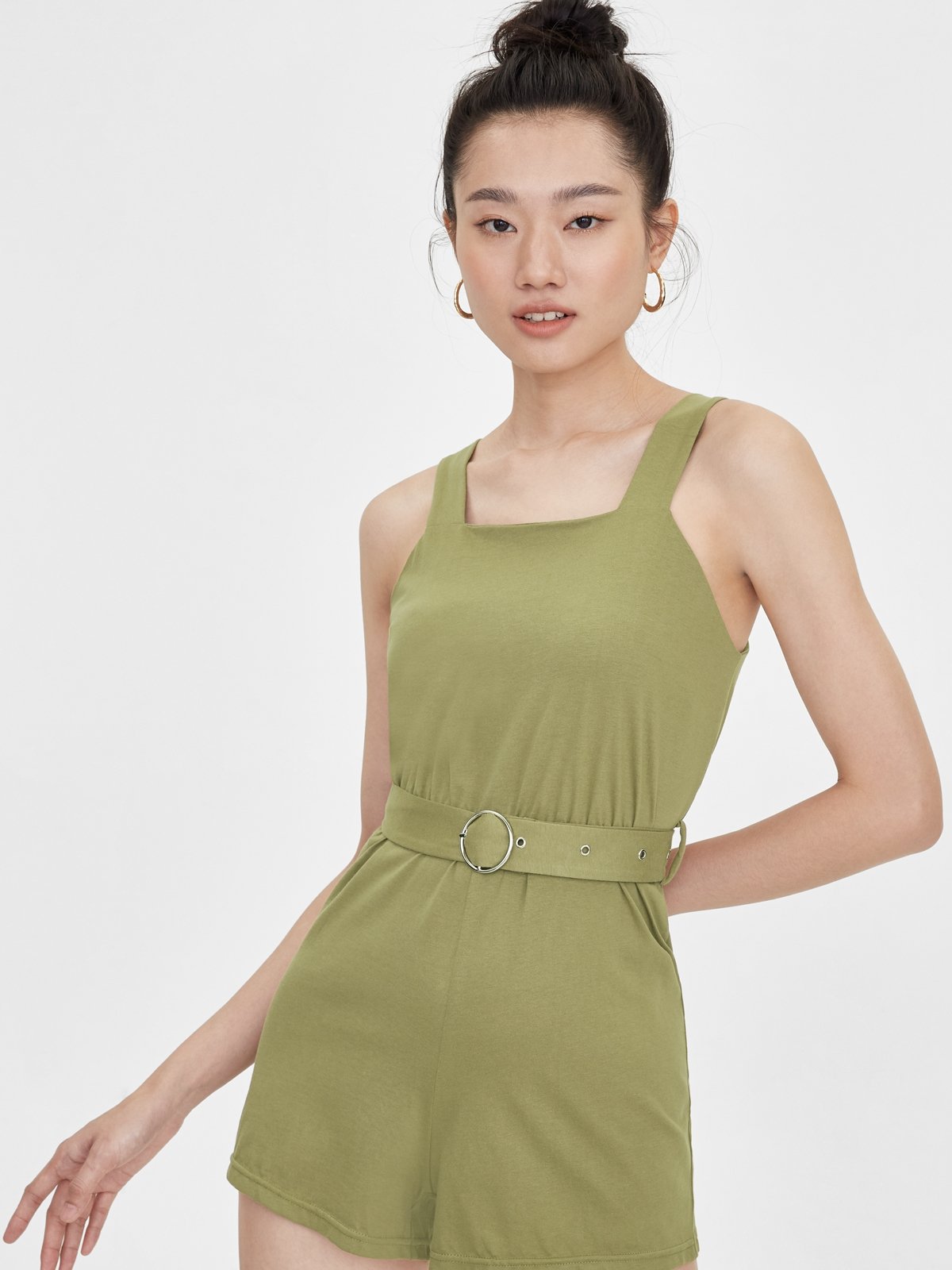 Square Neck Belted Romper - Olive 