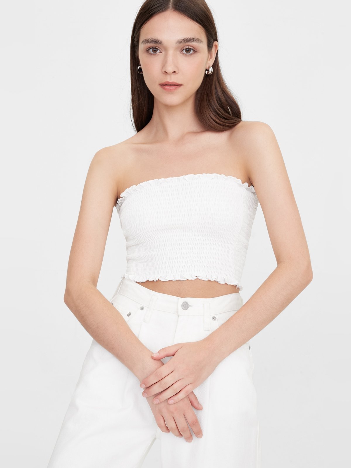 Ruffled Smock Tube Top White Pomelo Fashion