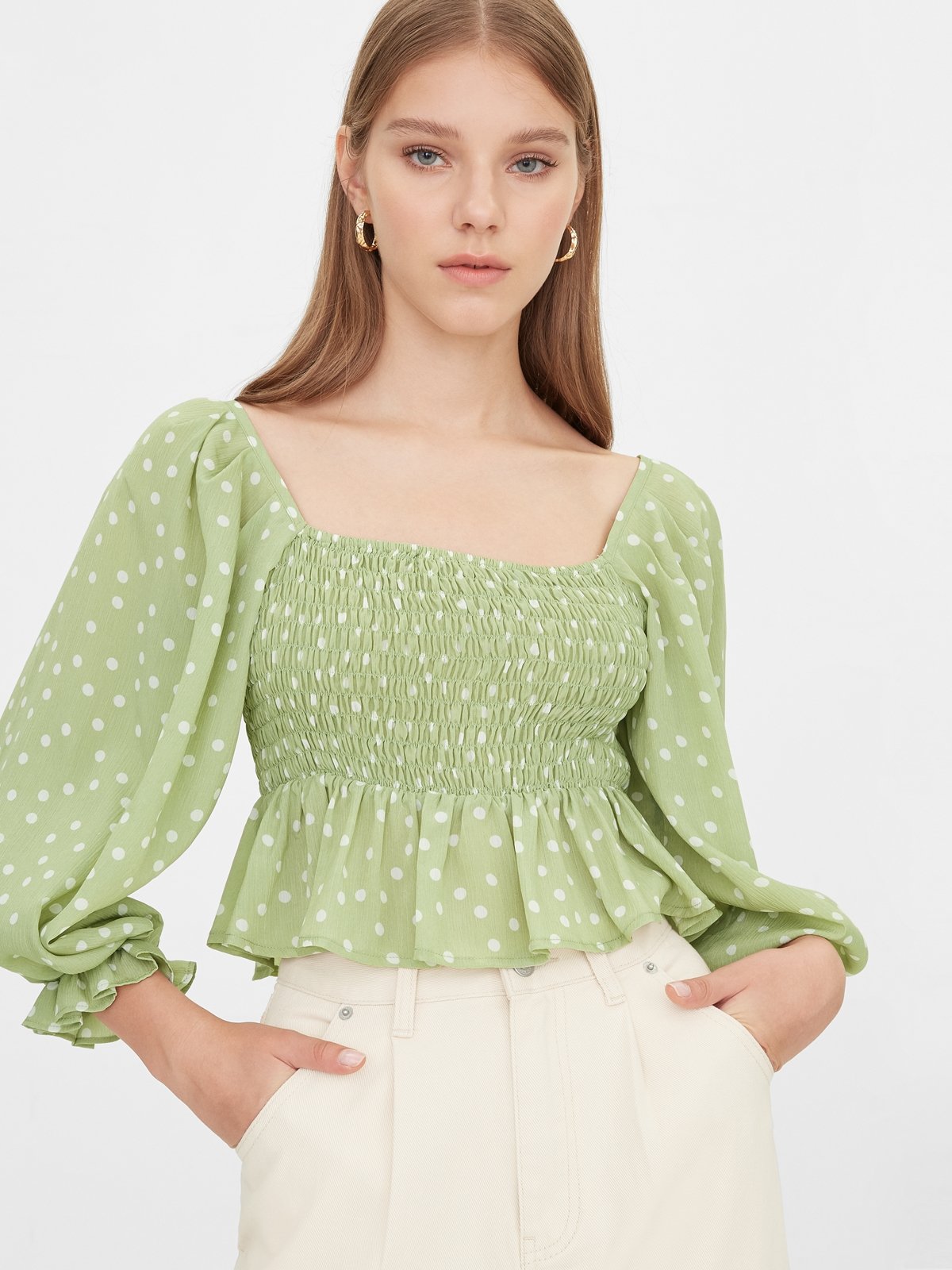 Polka Dot Ruffle Smock Top Green