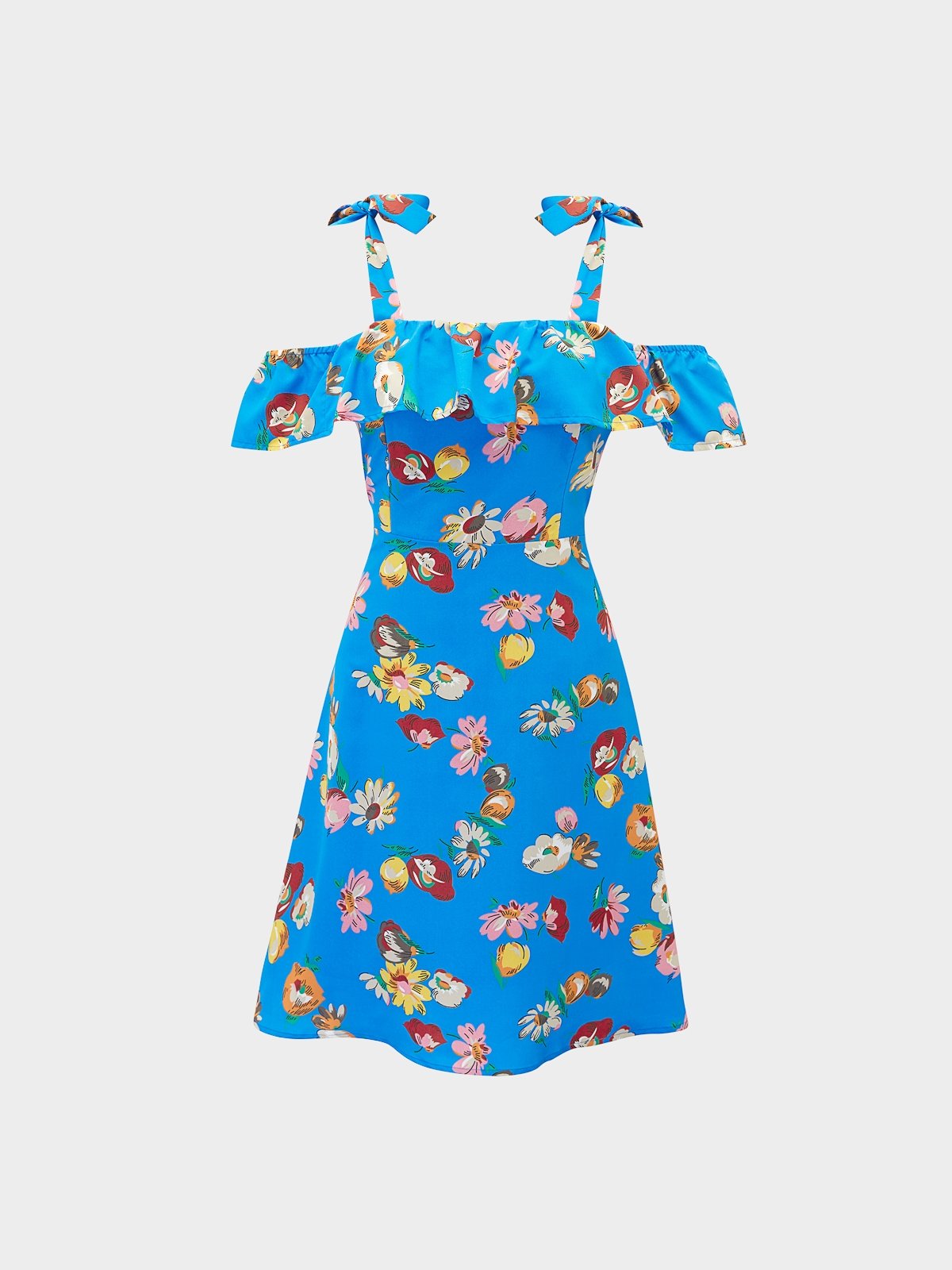 Bold Floral Ruffled Off Shoulder Dress Blue Pomelo Fashion