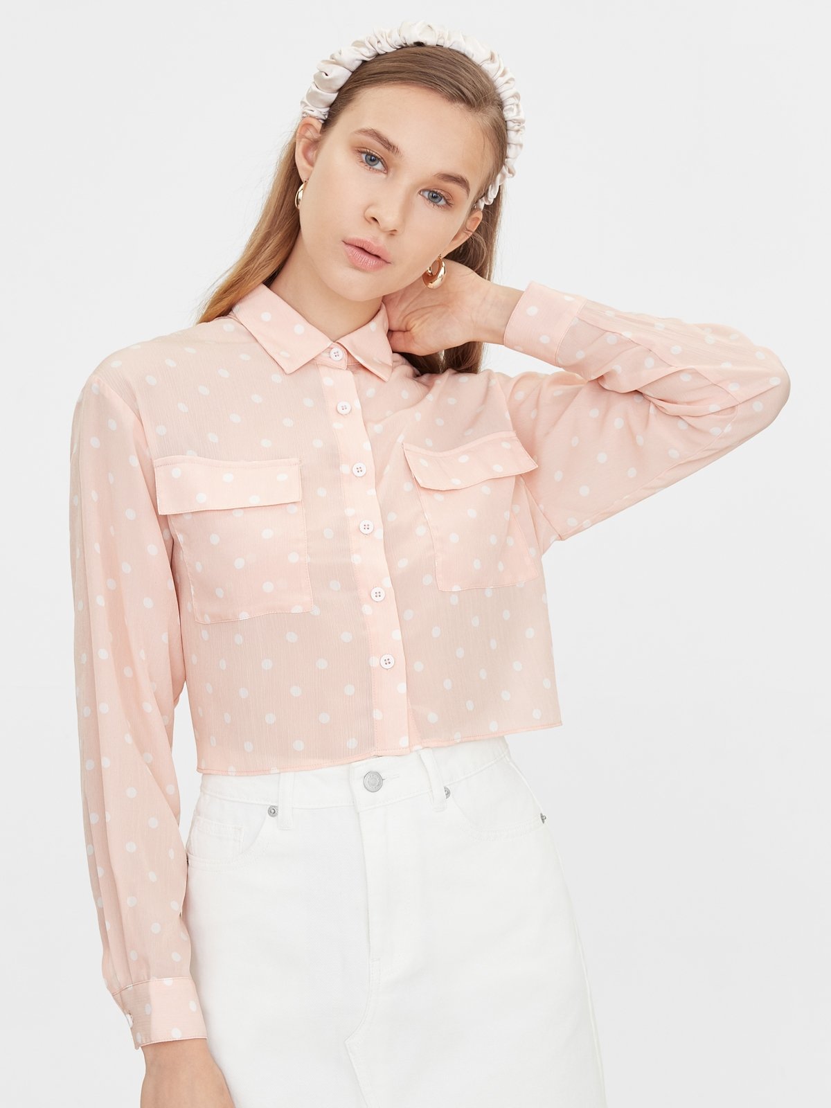 Polka Dot Double Pockets Shirt - Pink - Pomelo Fashion