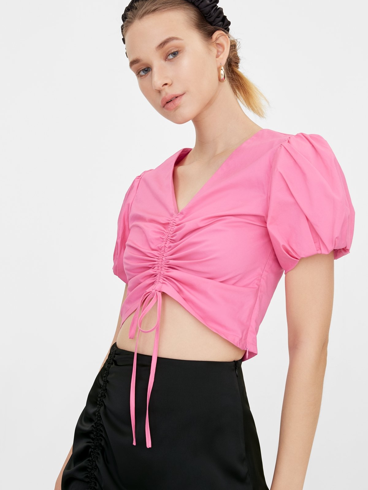 Front Ruched Puff Sleeve Crop Top Pink Pomelo Fashion