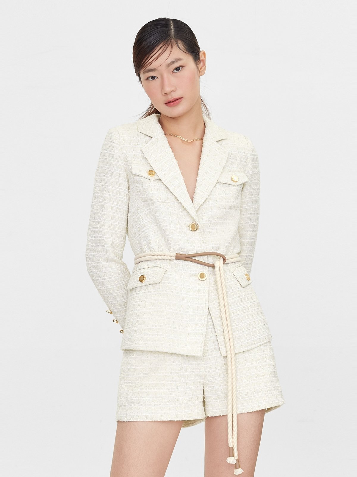 Tweed Belted Blazer White