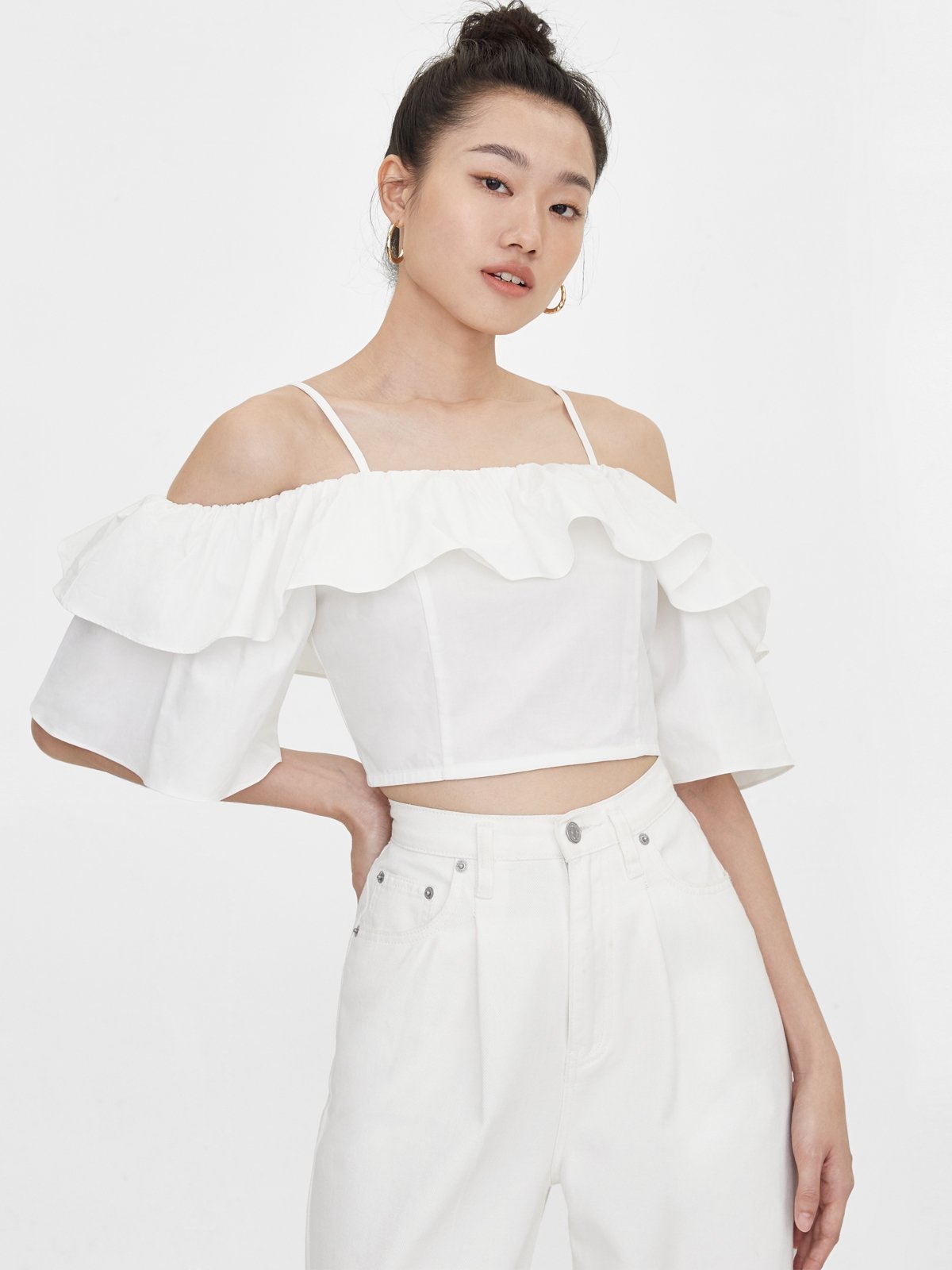 White ruffle cold shoulder top top
