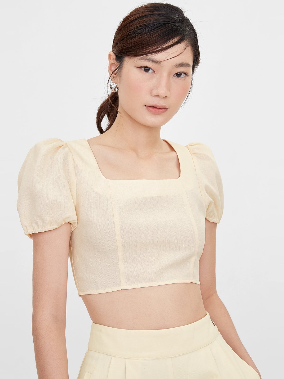 Square Neck Puff Sleeves Crop Top Cream Pomelo Fashion