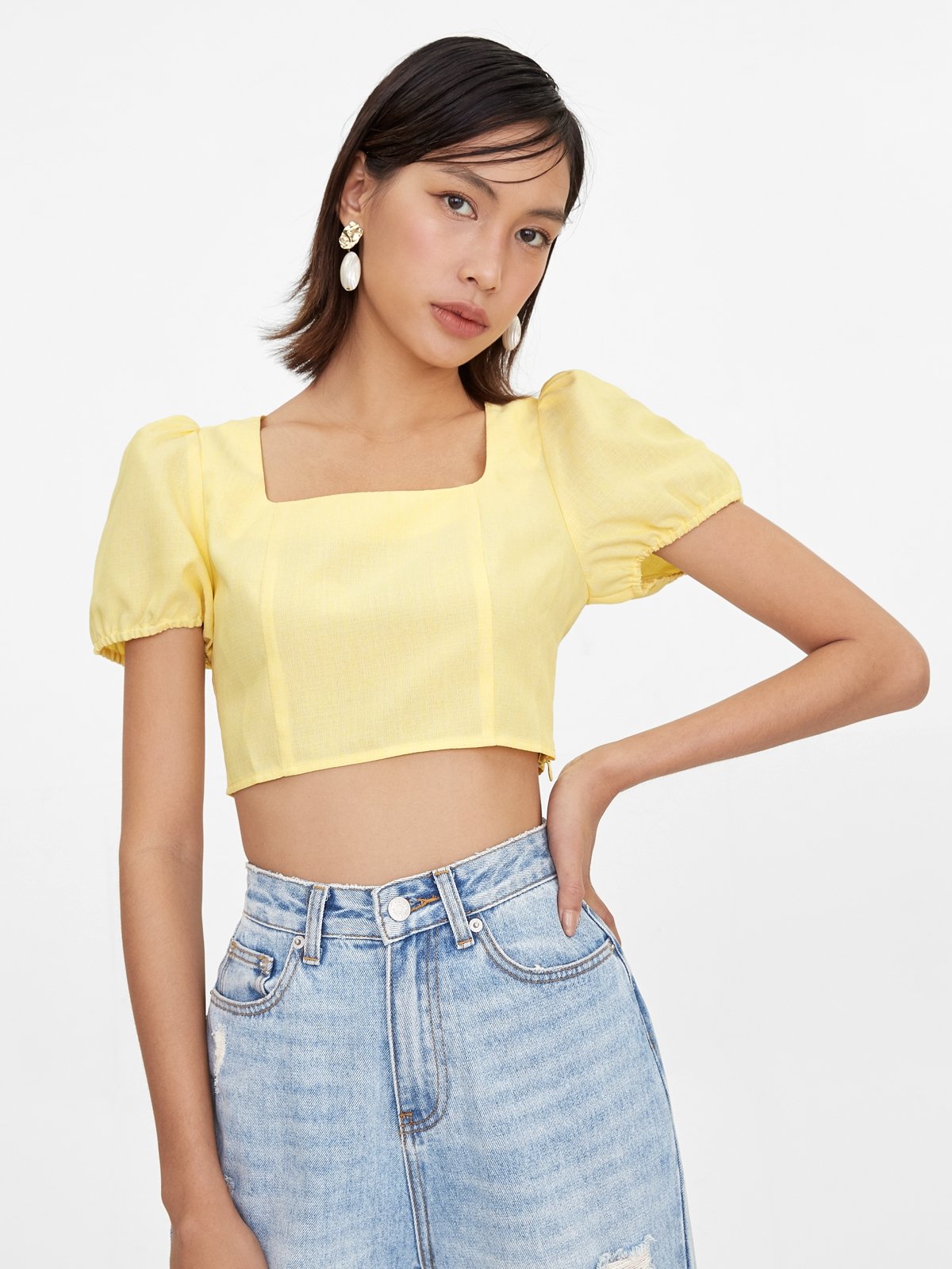 Square Neck Puff Sleeves Crop Top Yellow Pomelo Fashion