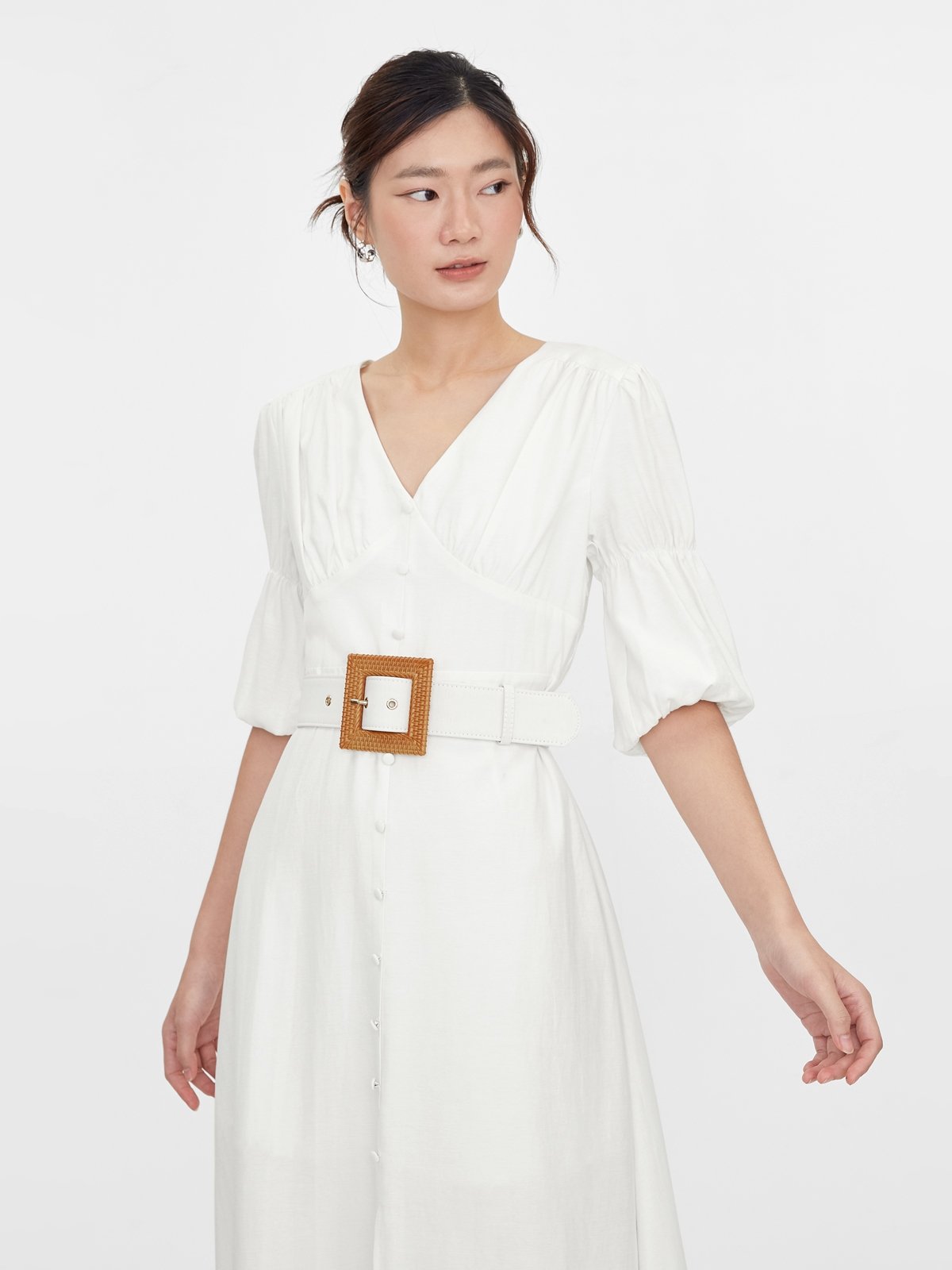 Buckle Belt Puff Sleeves Dress White