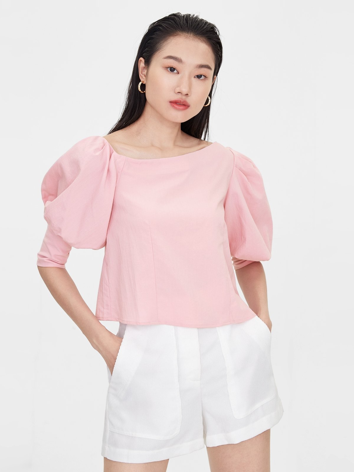 Pink Poplin Puff Sleeve Top