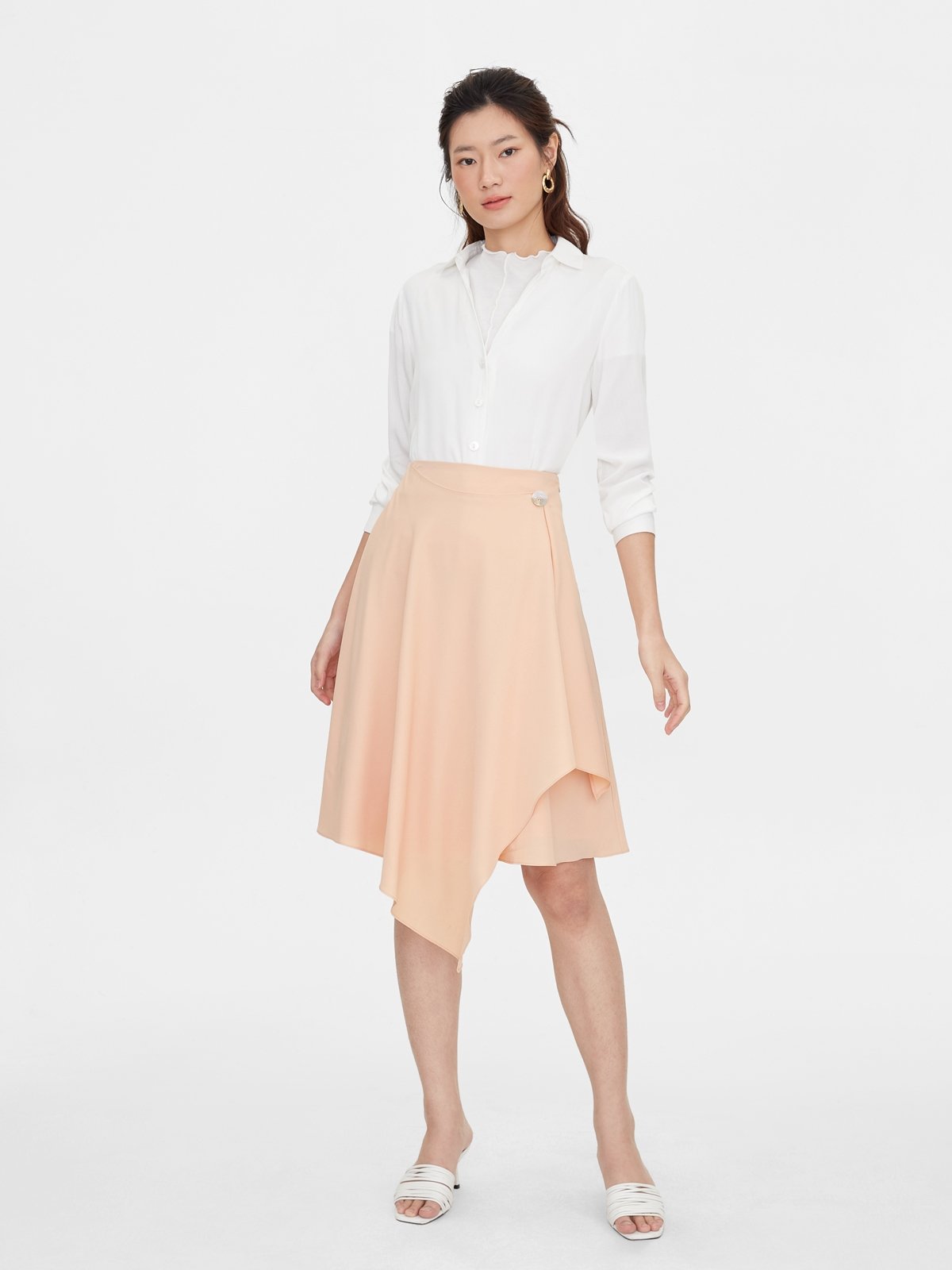 Side Single Button Asymmetric Skirt Peach