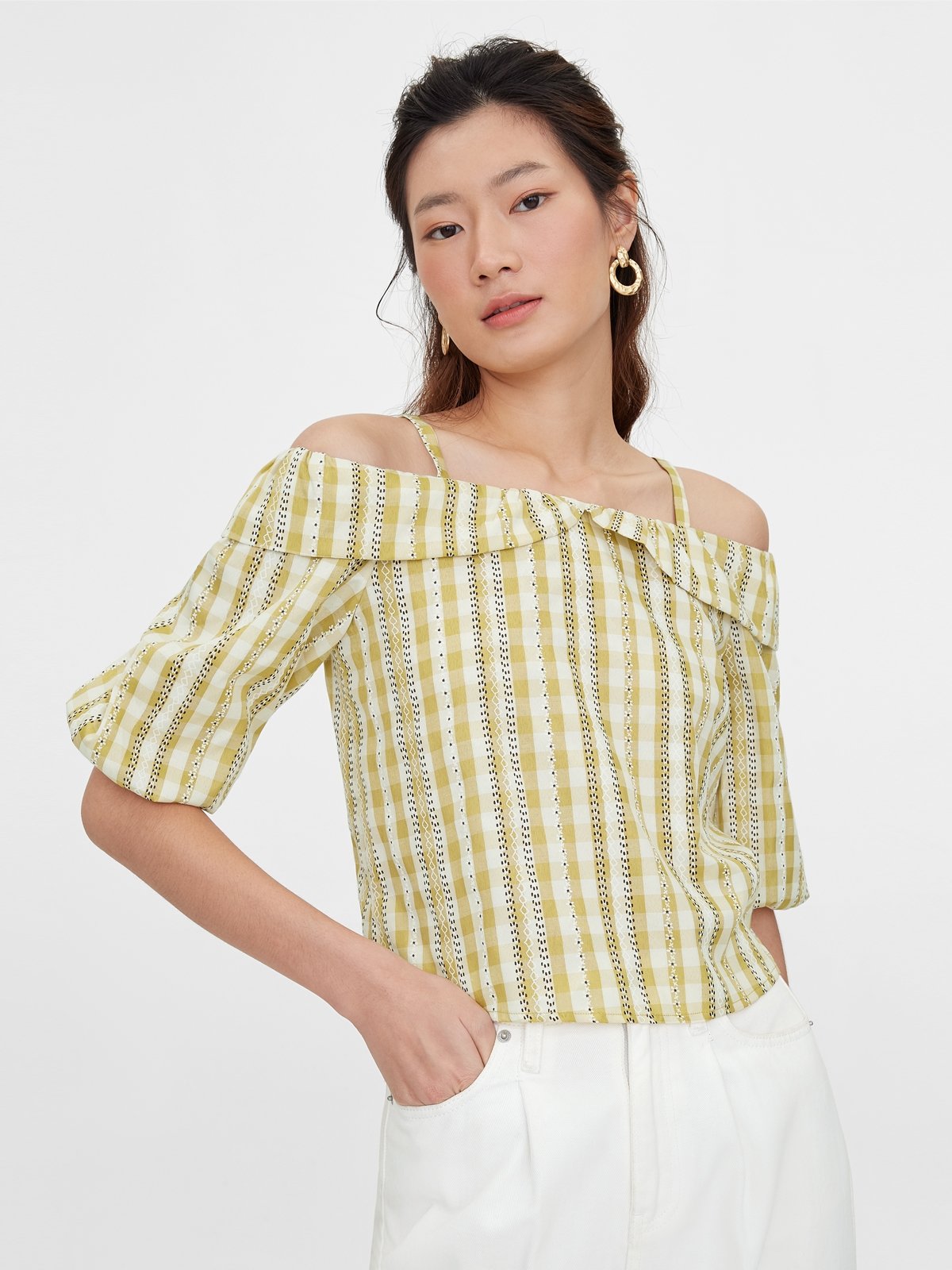 Yellow and white striped 2024 off the shoulder top