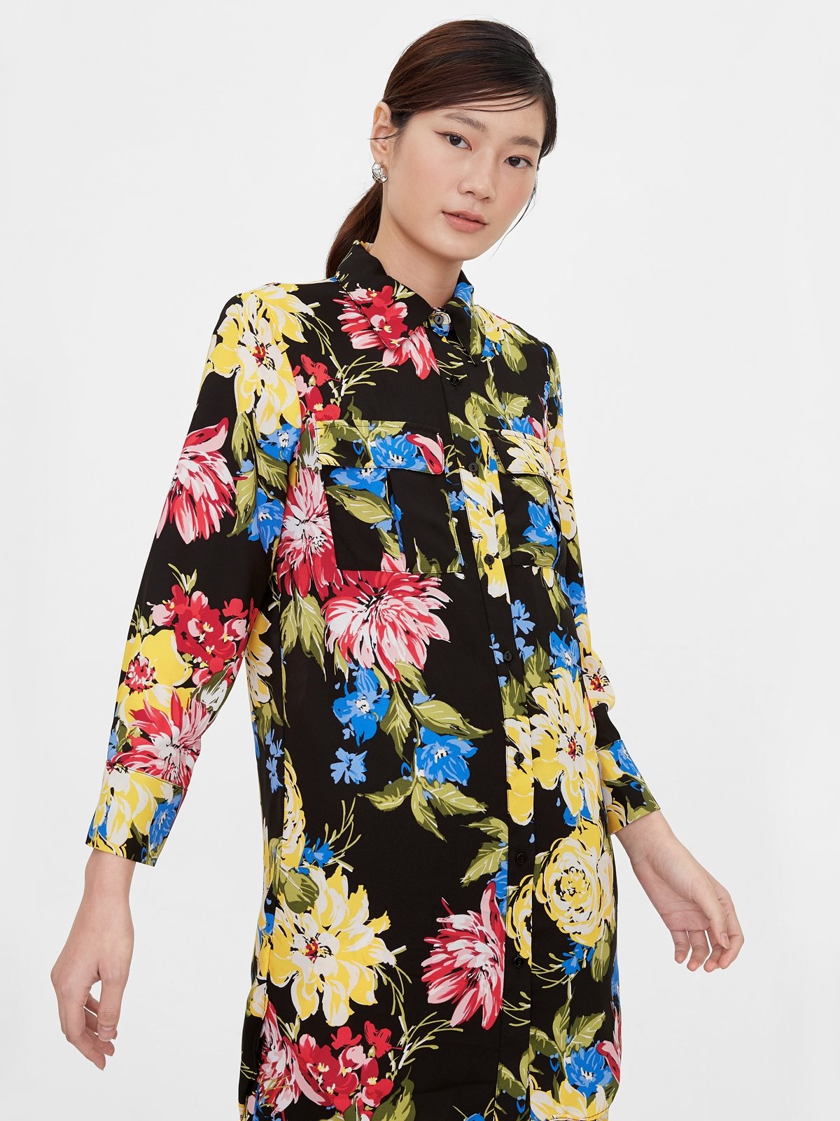 POL Floral Maxi Shirt Jacket – Black Floral Twill Duster
