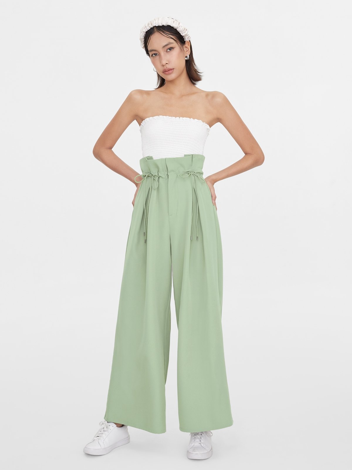 Pleated Paper Bag Pants Green Pomelo Fashion
