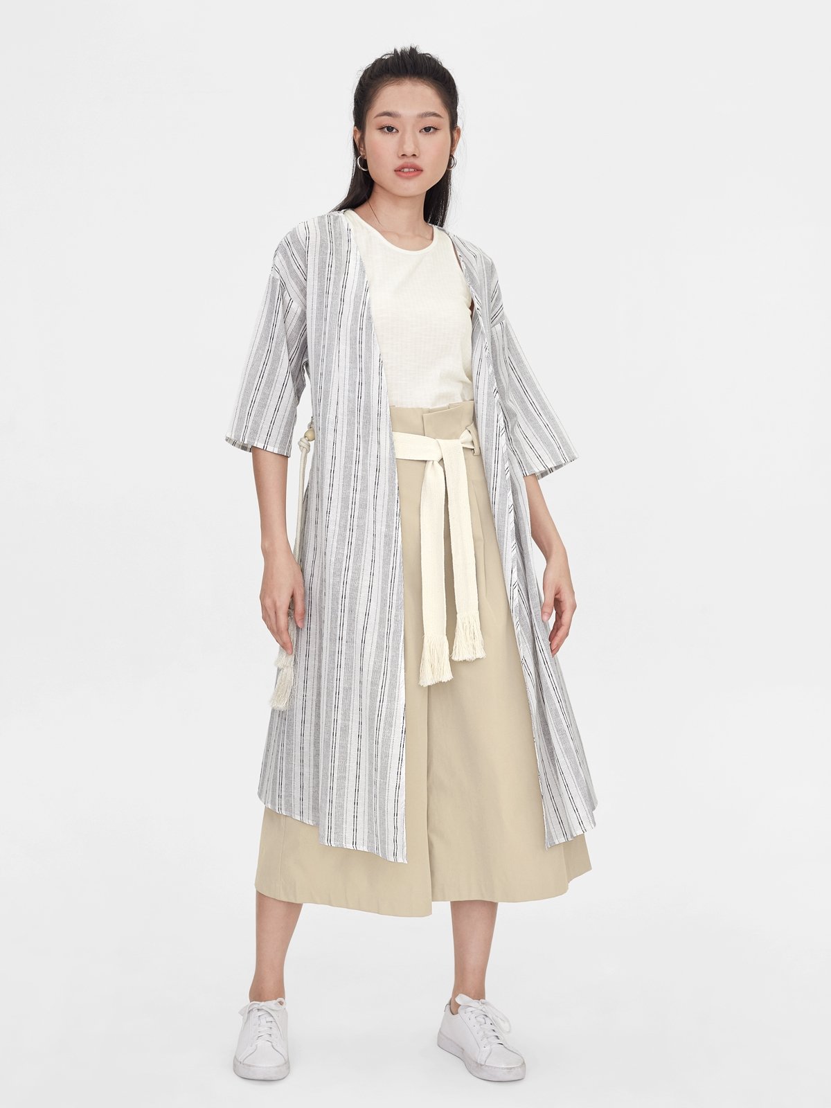 Rope Belt Striped Kimono Black Pomelo Fashion