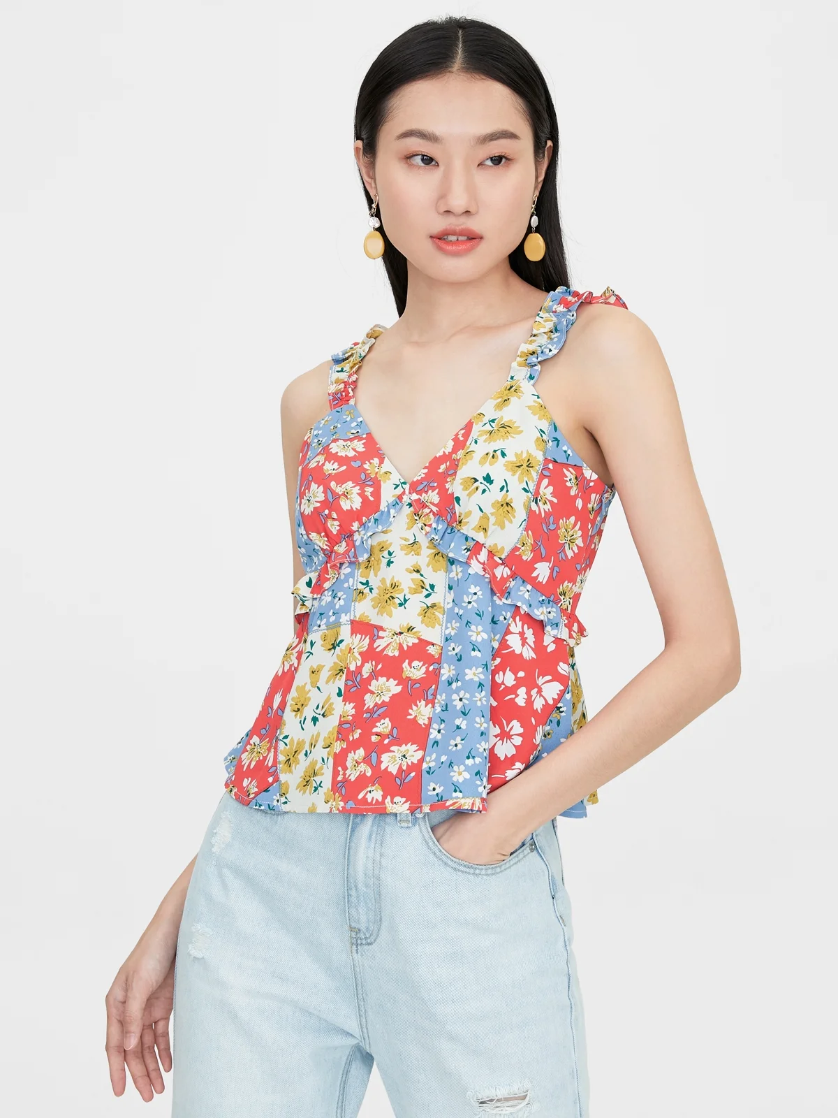 Floral Ruffle Strap Cami - Blue - Pomelo Fashion