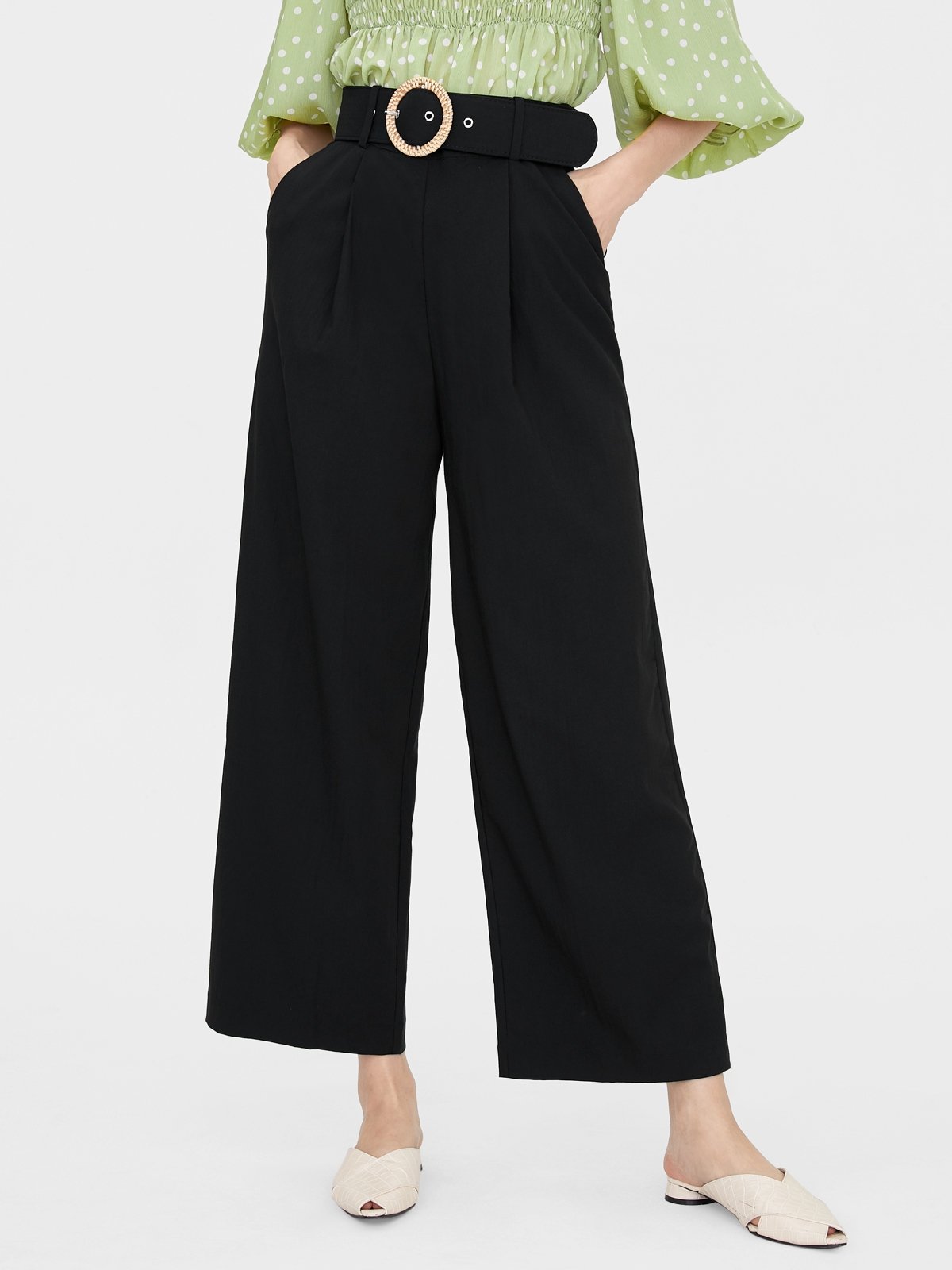 Woven Buckle Semi Pleated Pants - Black - Pomelo Fashion