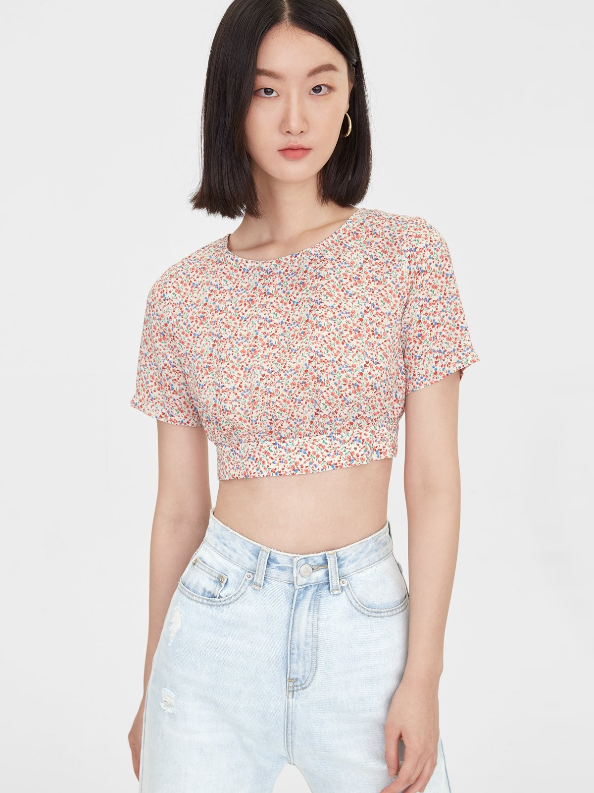 Tie Back Short Sleeves Crop Top White Pomelo Fashion 0449