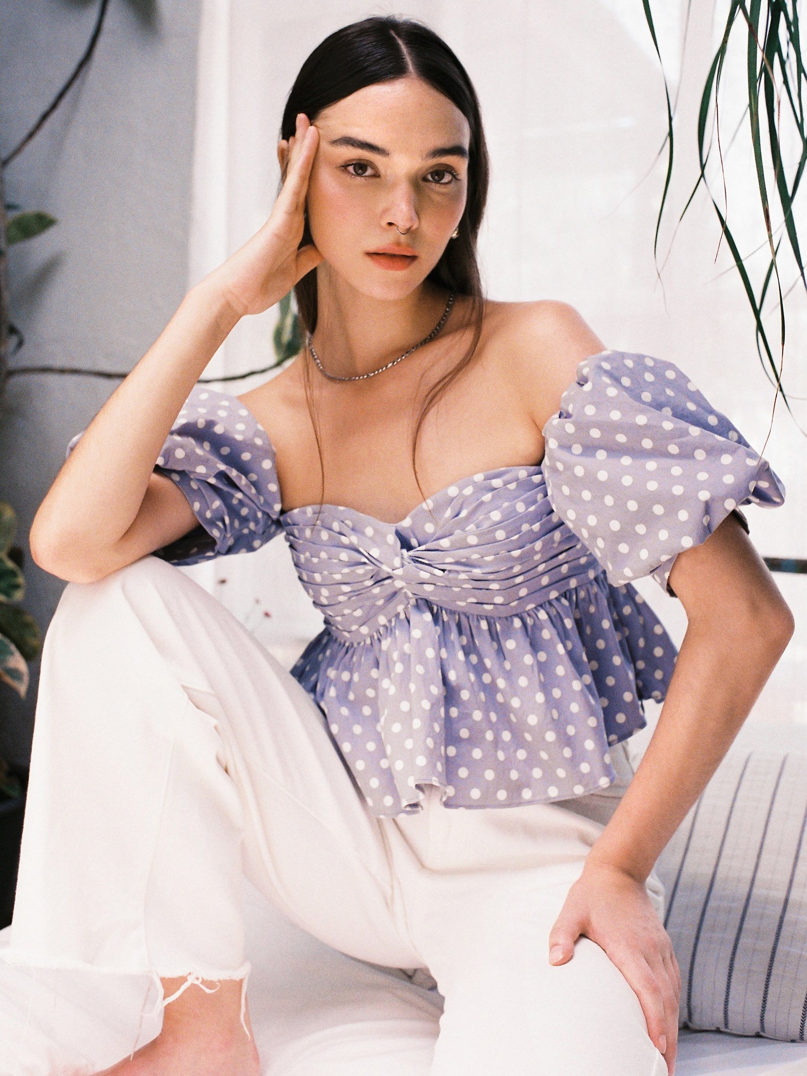 White polka dot off the shoulder top top