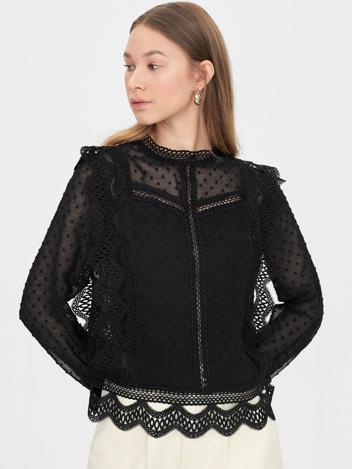 Lace Trim Embroidered Blouse Black Pomelo Fashion