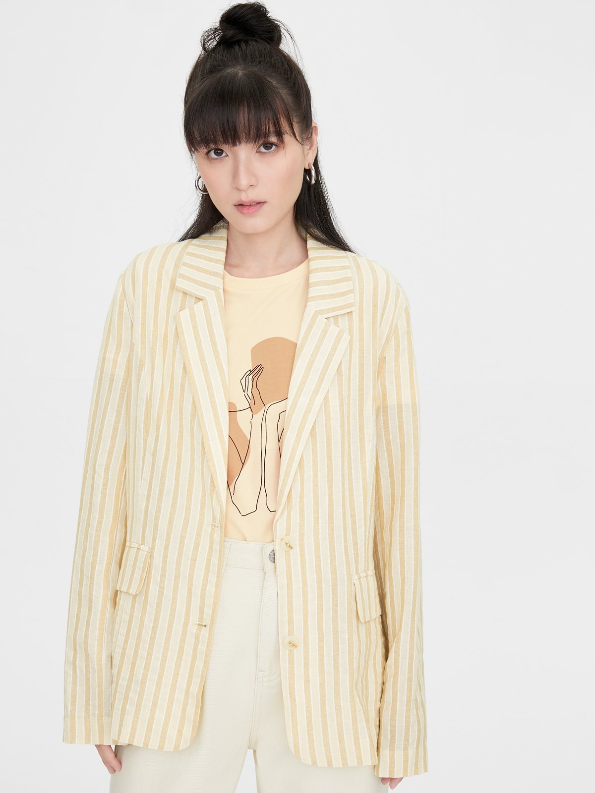 Side Pockets Striped Oversize Blazer Yellow Pomelo Fashion