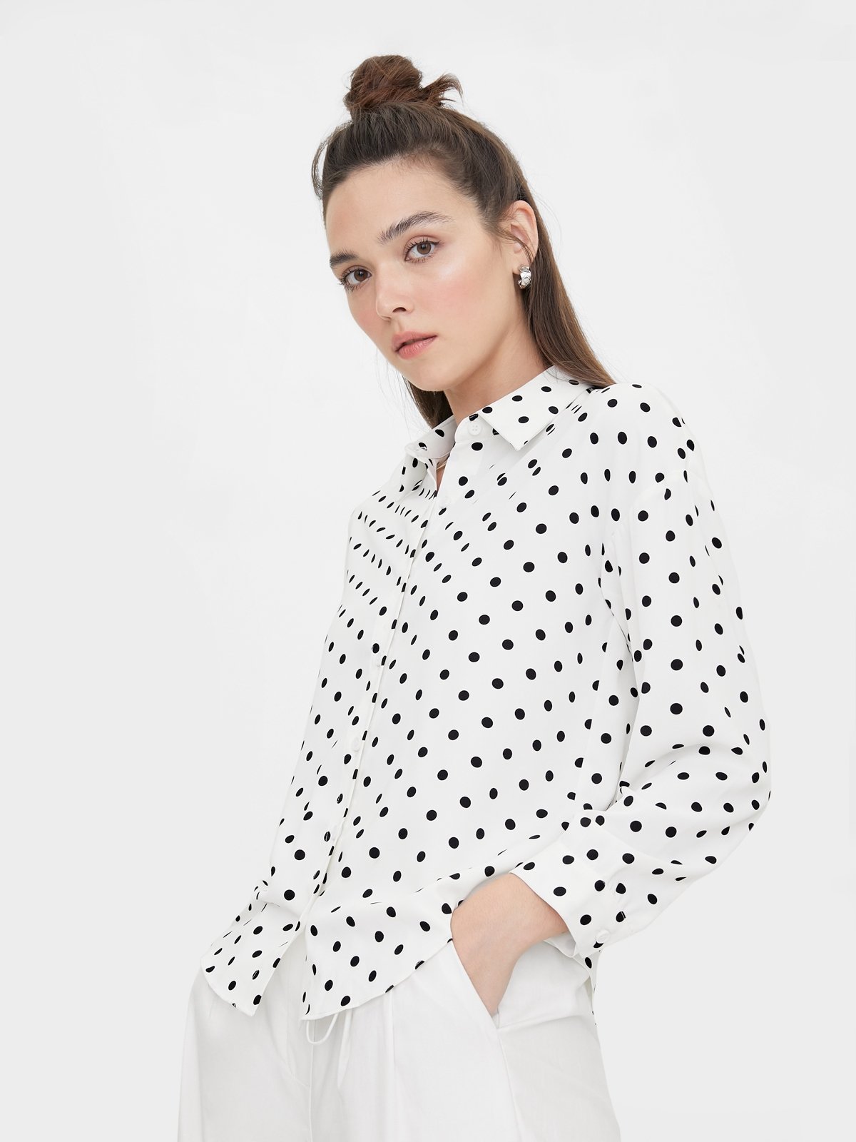 Polka Dot Long Sleeves Shirt White Pomelo Fashion