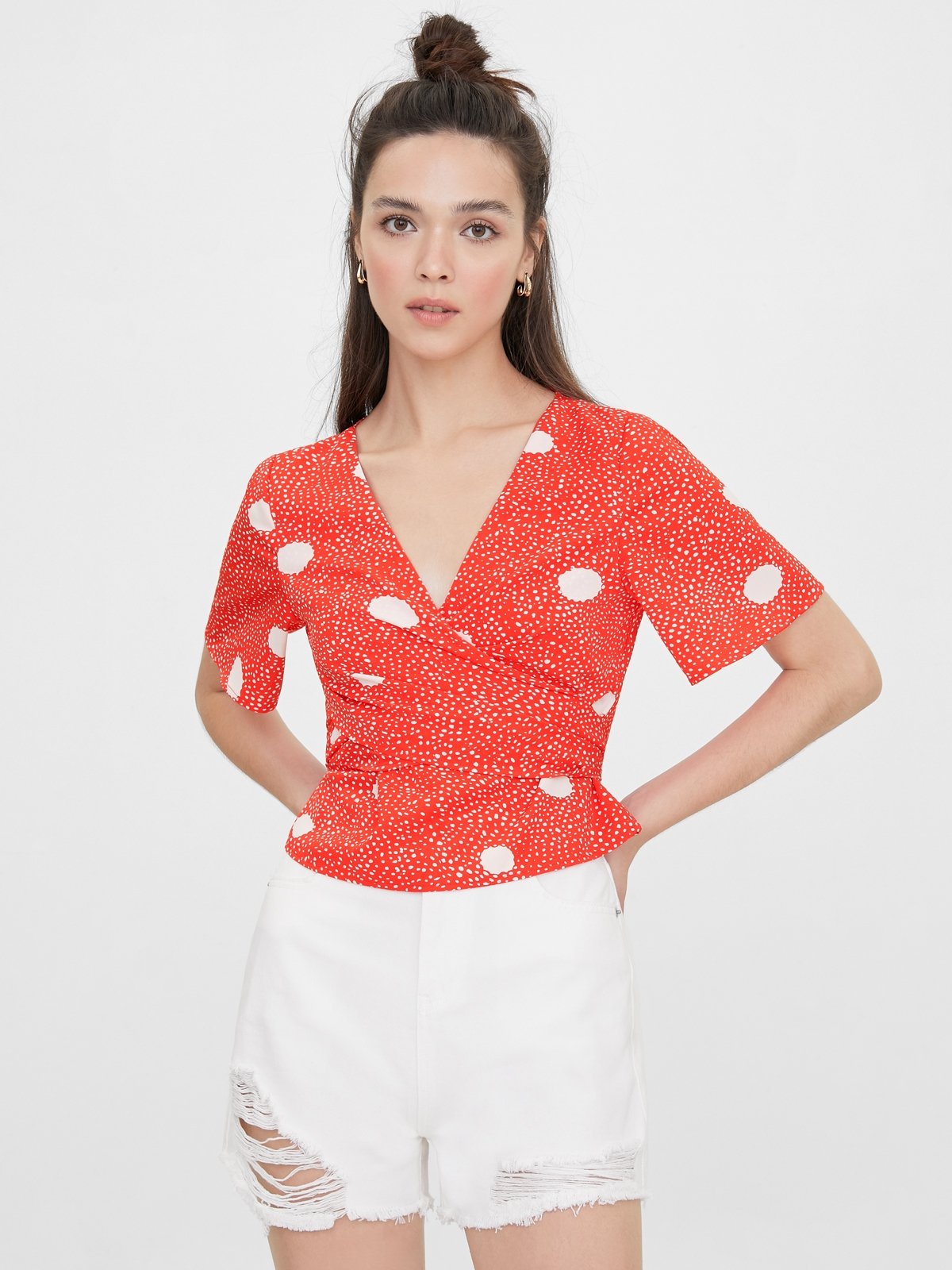 V Neck Wrap Polka Dot Top Red Pomelo Fashion