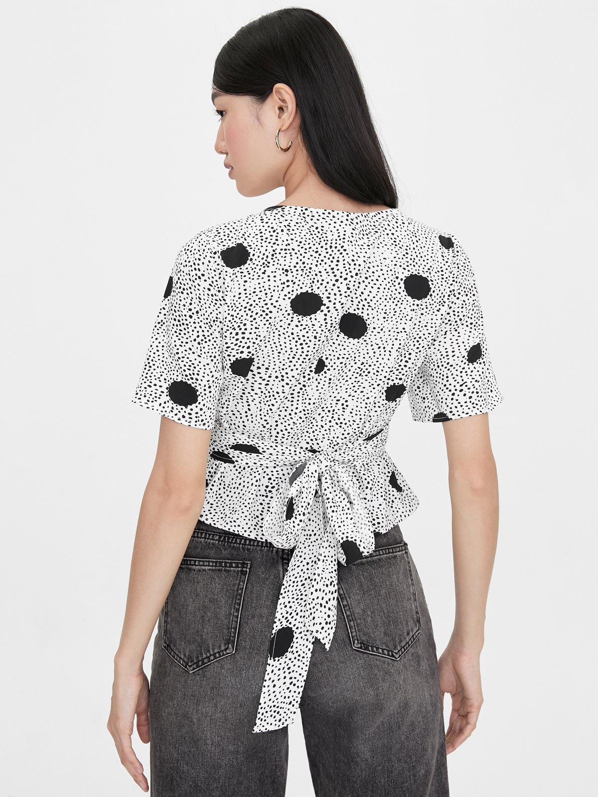 Grey blouse with white polka dots cheap