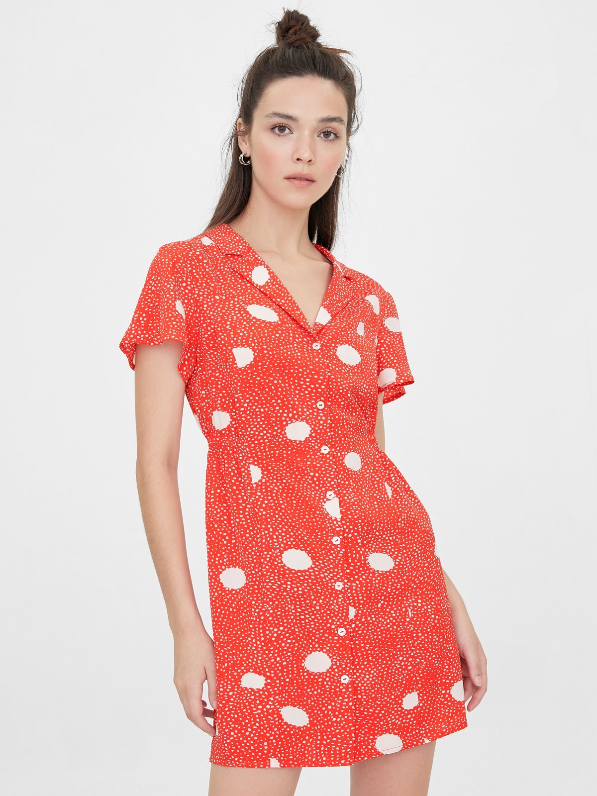 Mini Button Up Polka Dot Dress Red