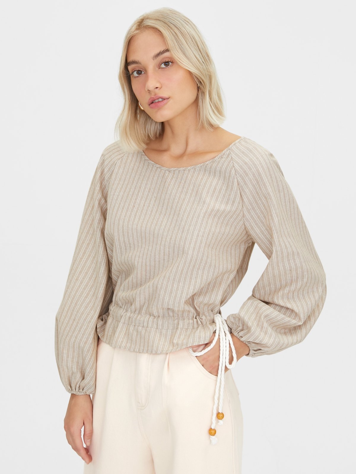 Puff Sleeves Drawstring Striped Blouse - Beige - Pomelo Fashion