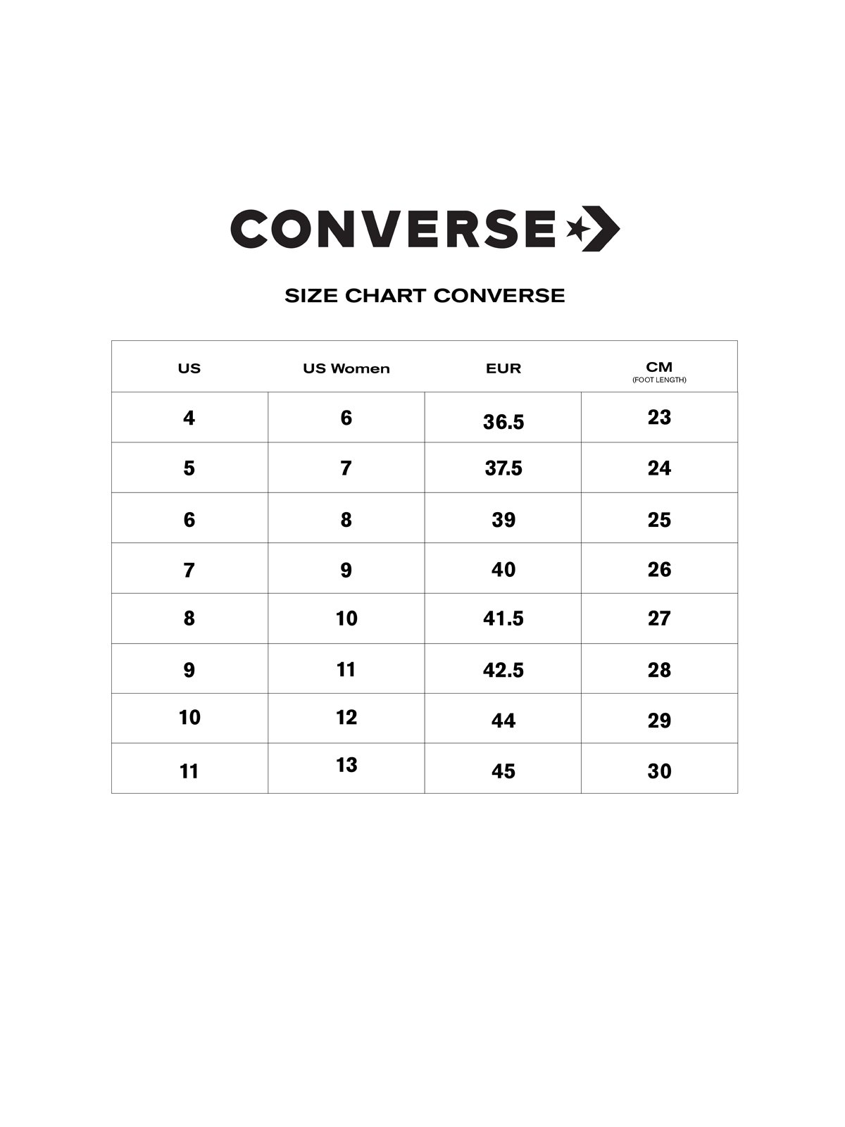 Converse 1970s size chart discount