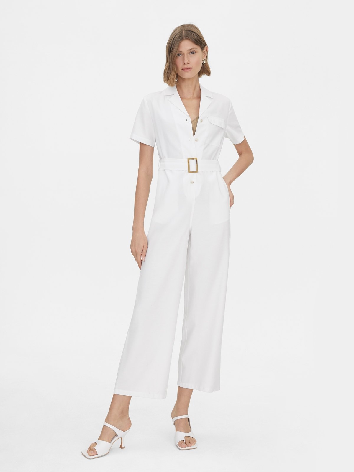 Buttoned Up Belt Jumpsuit - White - Pomelo Fashion