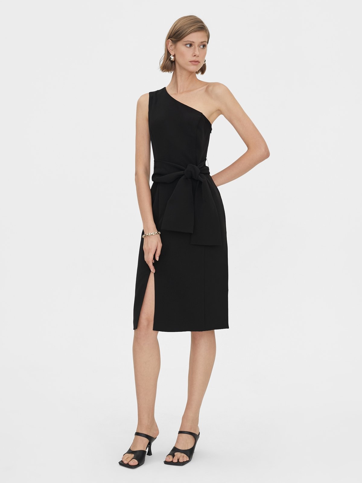 Mini One Shoulder Belted Dress - Black - Pomelo Fashion