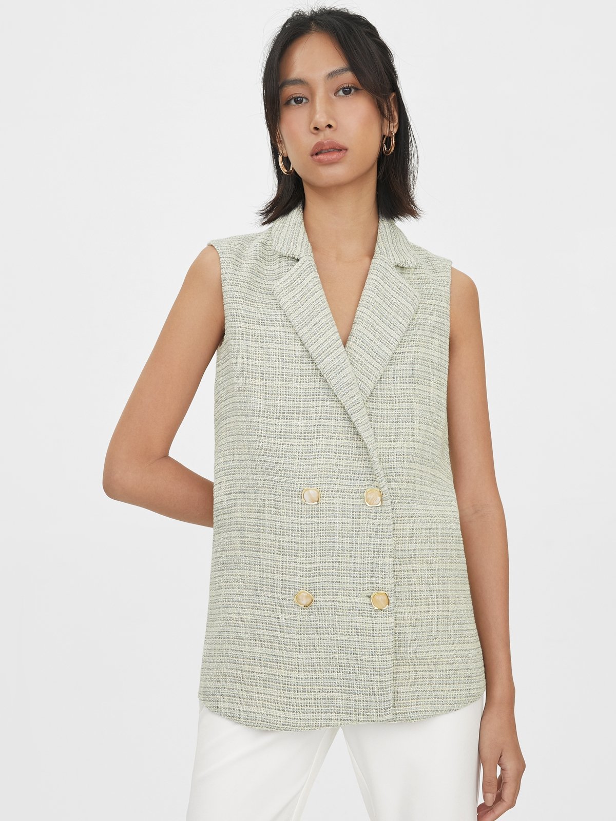 Sleeveless Button-Up Tweed Vest