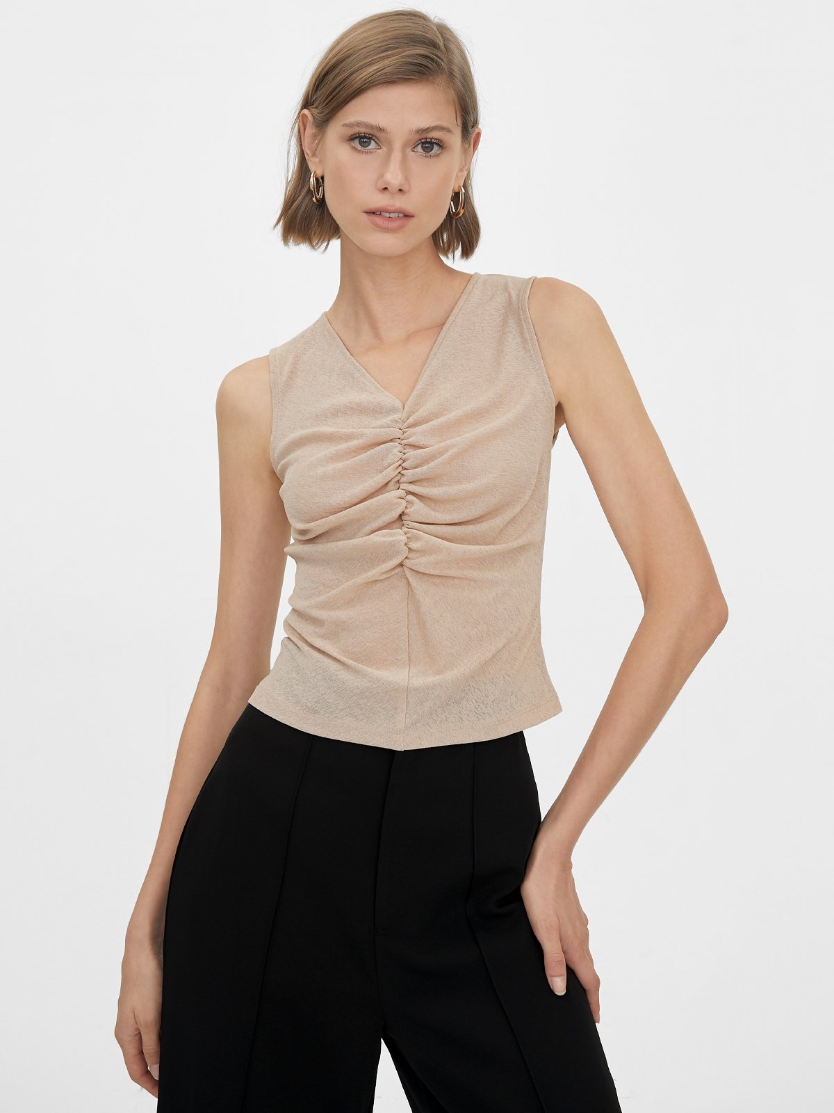 Ruched Sleeveless Top Beige Pomelo Fashion