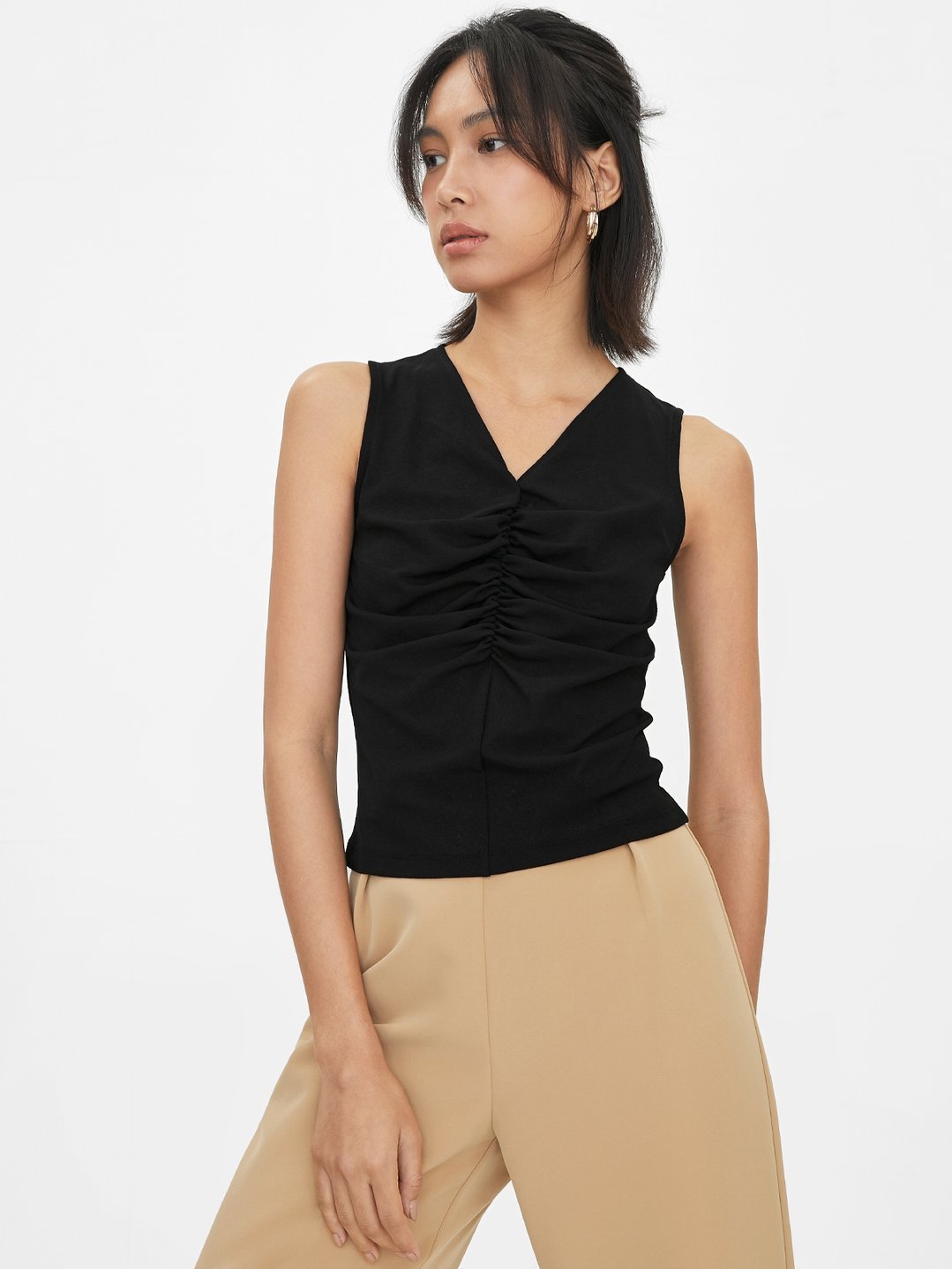 Ruched Sleeveless Top - Black - Pomelo Fashion