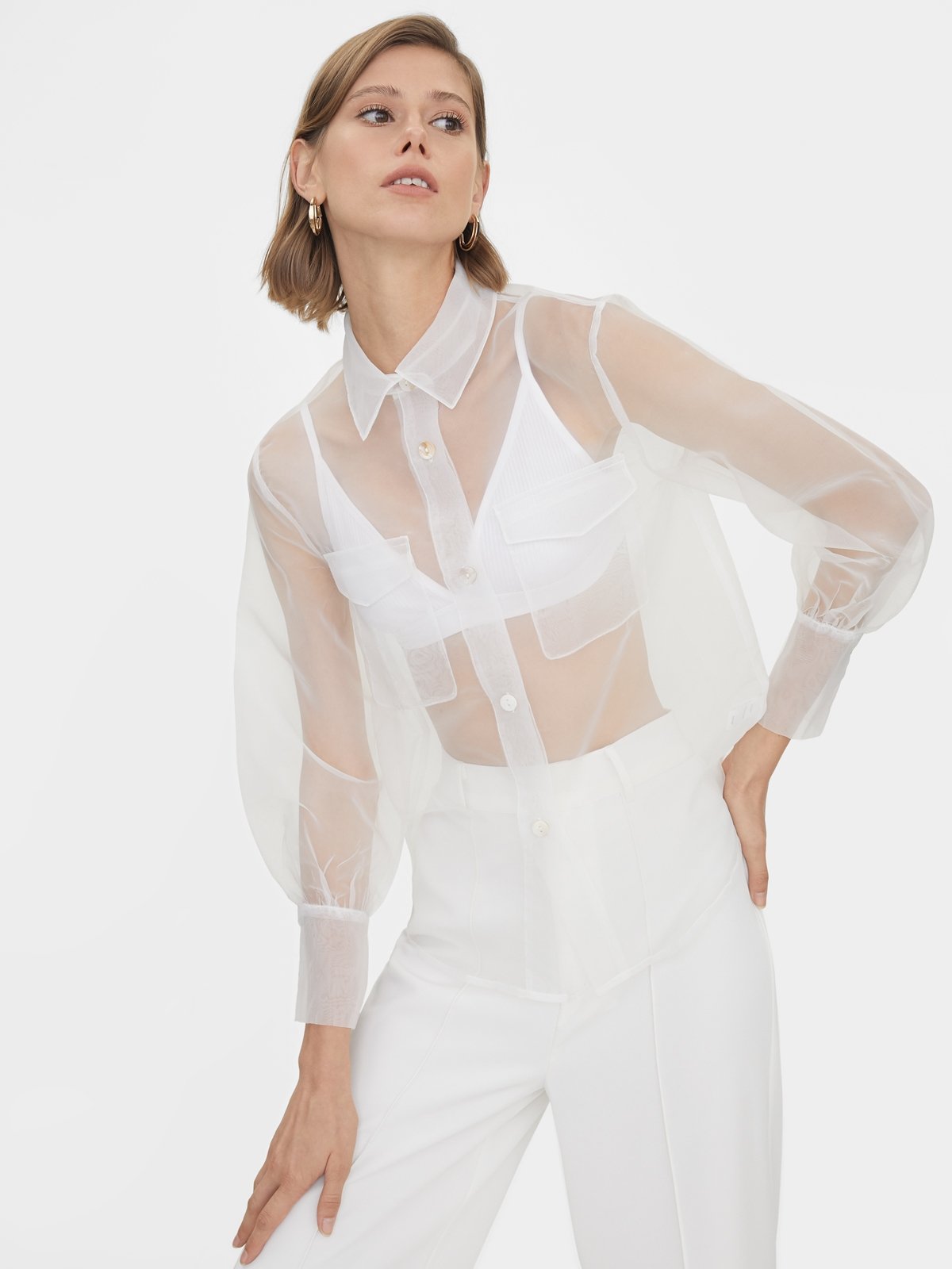White sheer button down sales