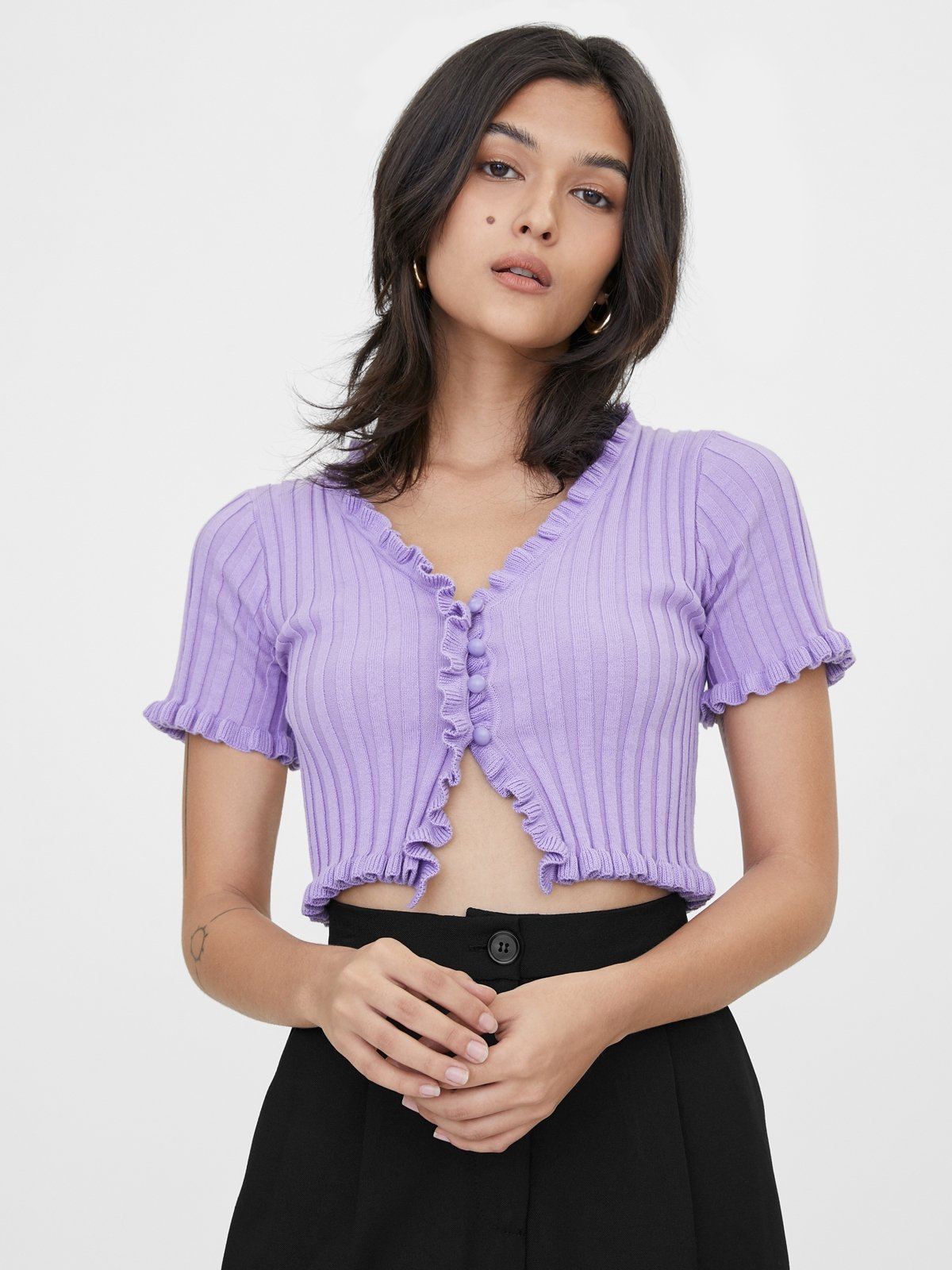 Cropped Button Up Cardigan Purple Pomelo Fashion