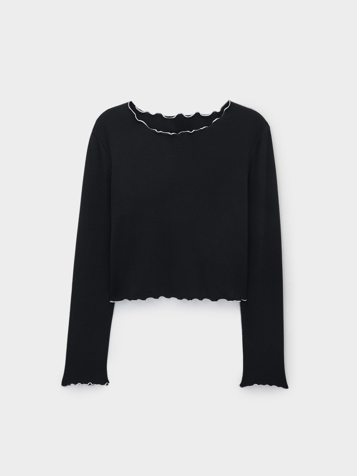 Frill Contrast Hem Ribbed Top - Black - Pomelo Fashion
